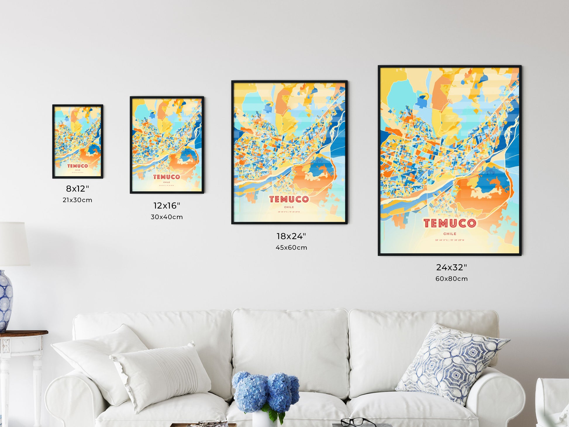 Colorful TEMUCO CHILE Fine Art Map Blue Orange