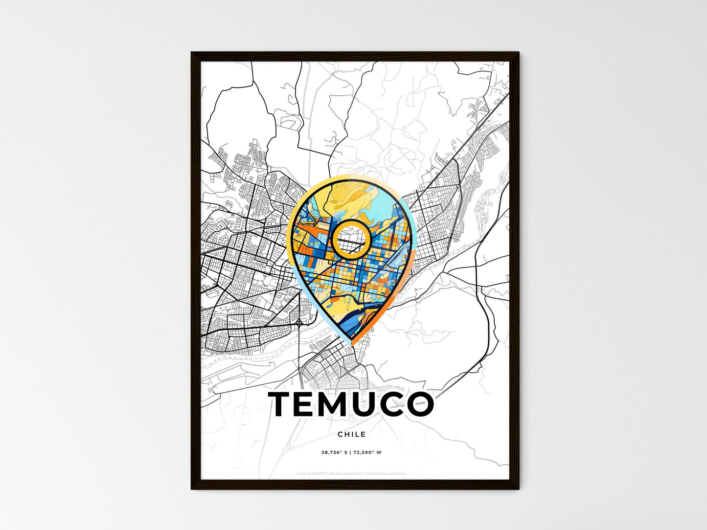 Temuco Chile wedding art map with pointer icon