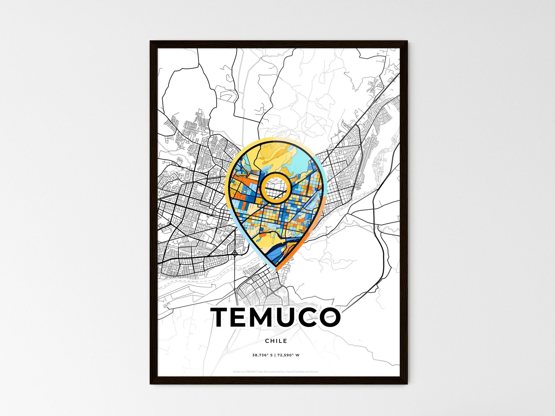 Temuco Chile wedding art map with pointer icon