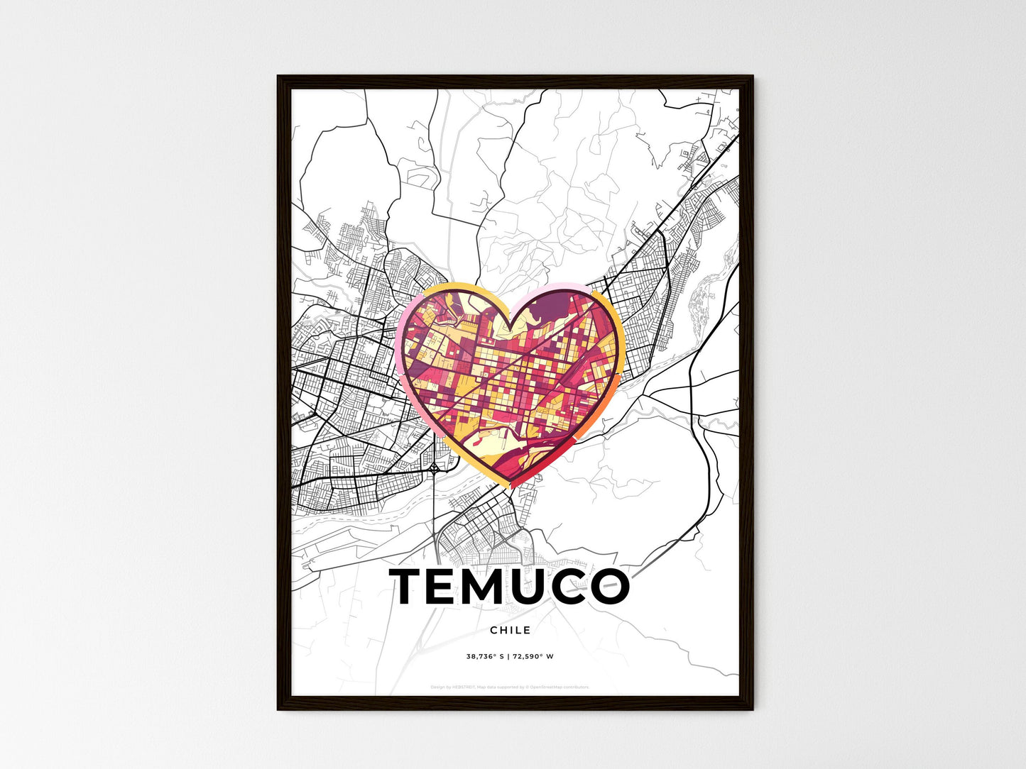 Temuco Chile wedding art map with heart icon