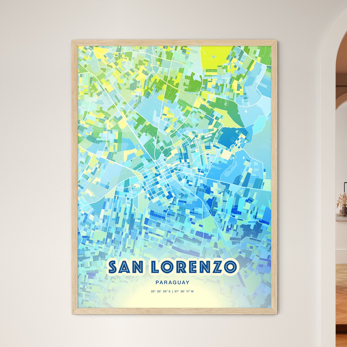 Colorful SAN LORENZO PARAGUAY Fine Art Map Cool Blue