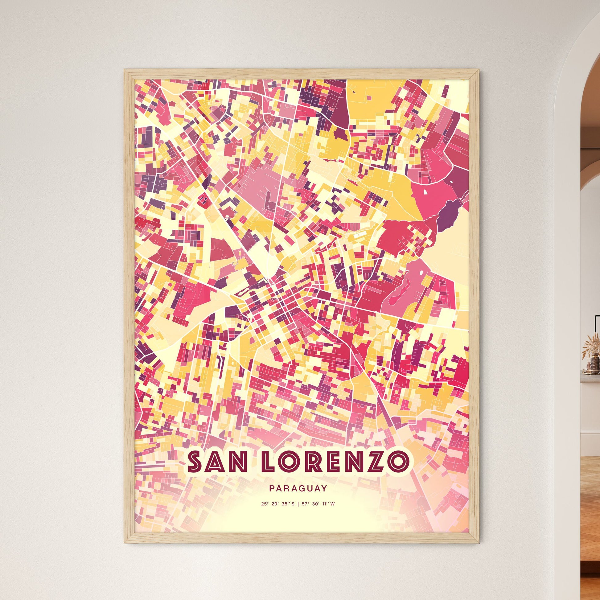 Colorful SAN LORENZO PARAGUAY Fine Art Map Hot Red