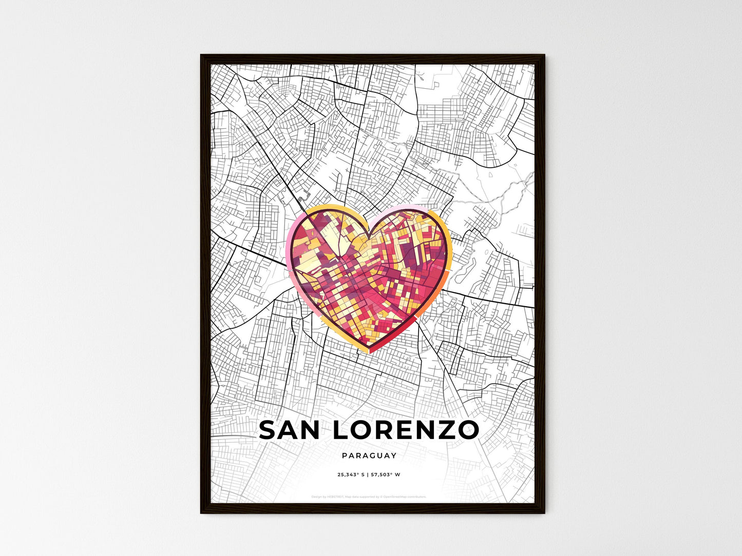 San Lorenzo Paraguay wedding art map with heart icon