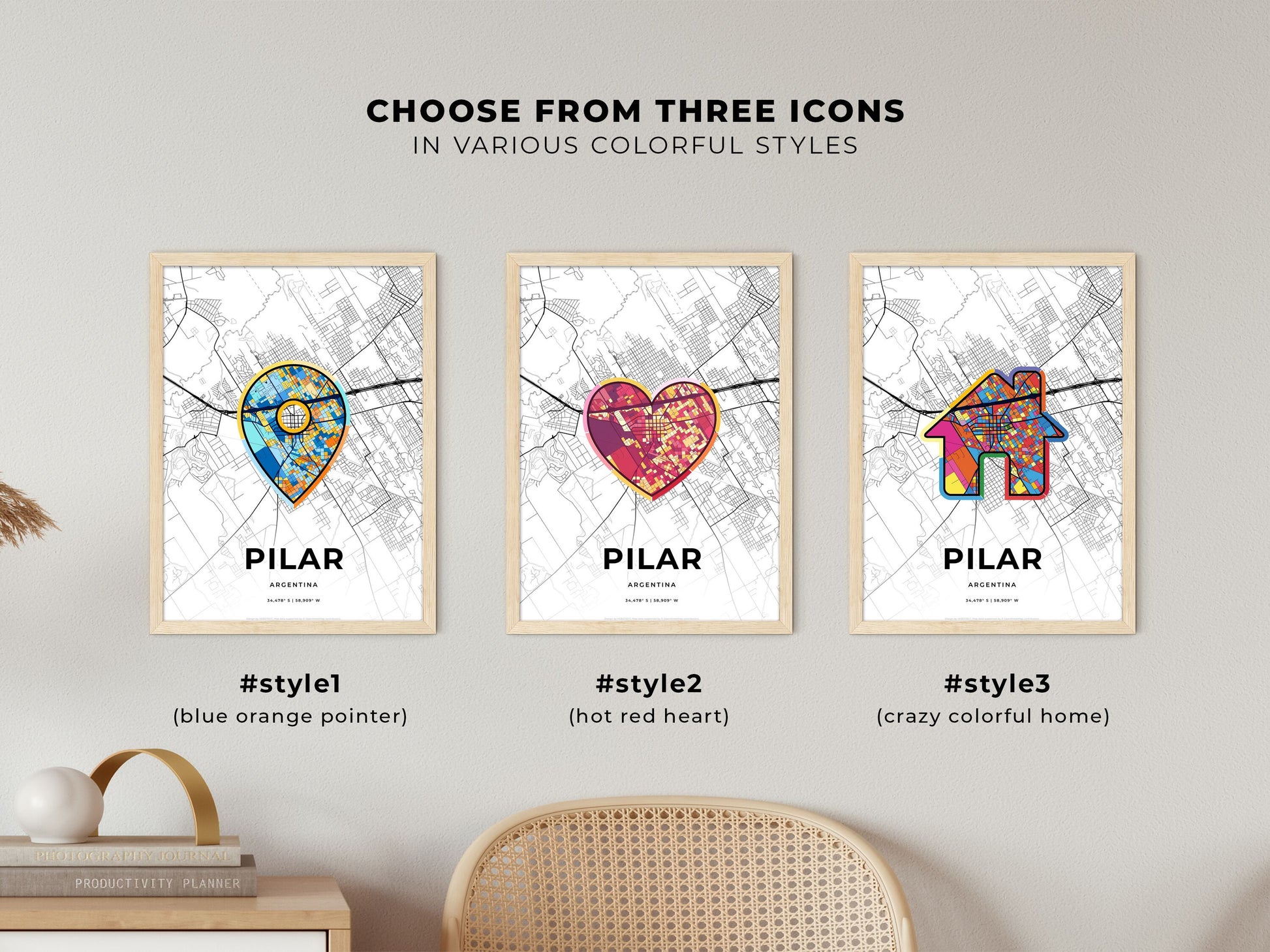 Pilar Argentina maps with colorful icons
