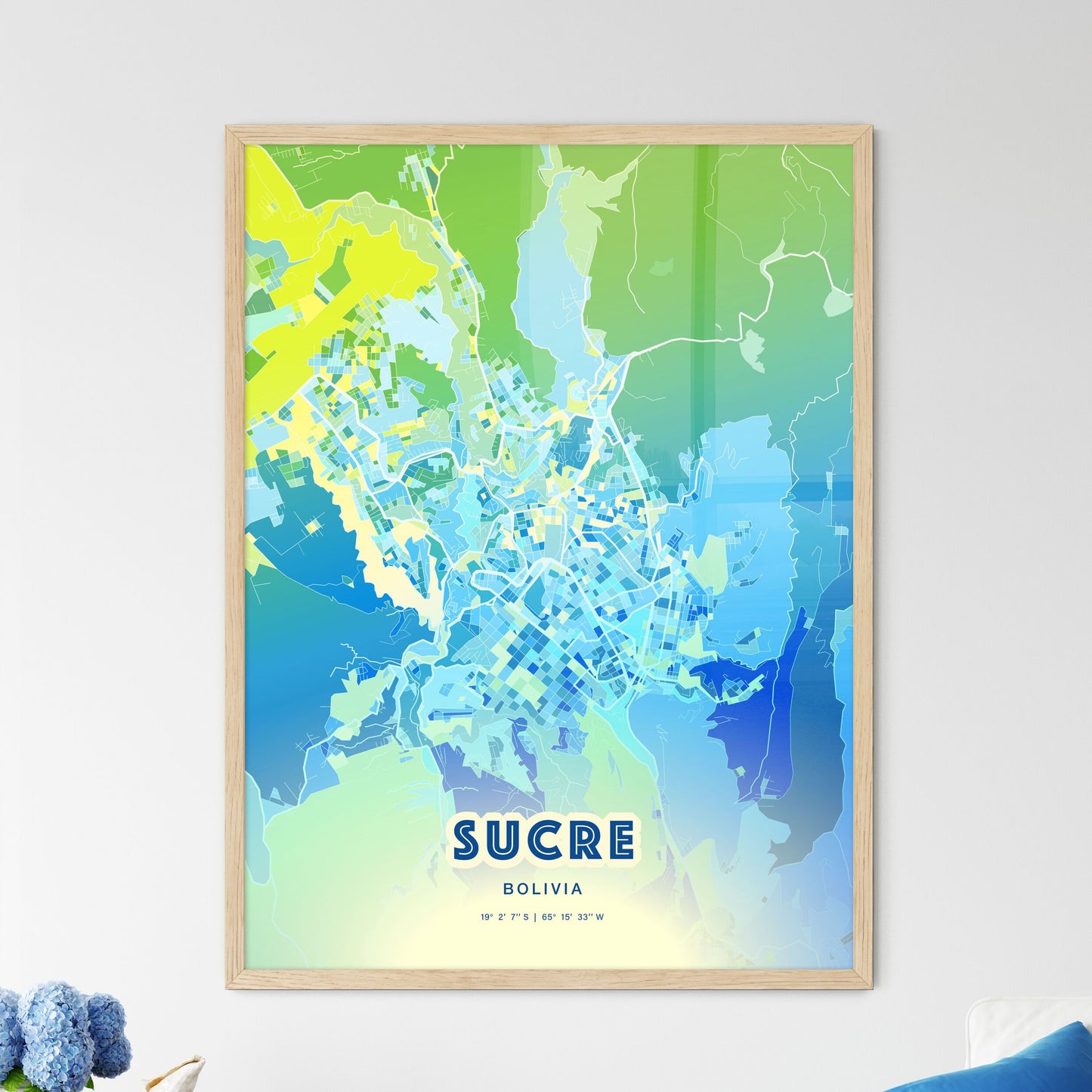 Colorful SUCRE BOLIVIA Fine Art Map Cool Blue