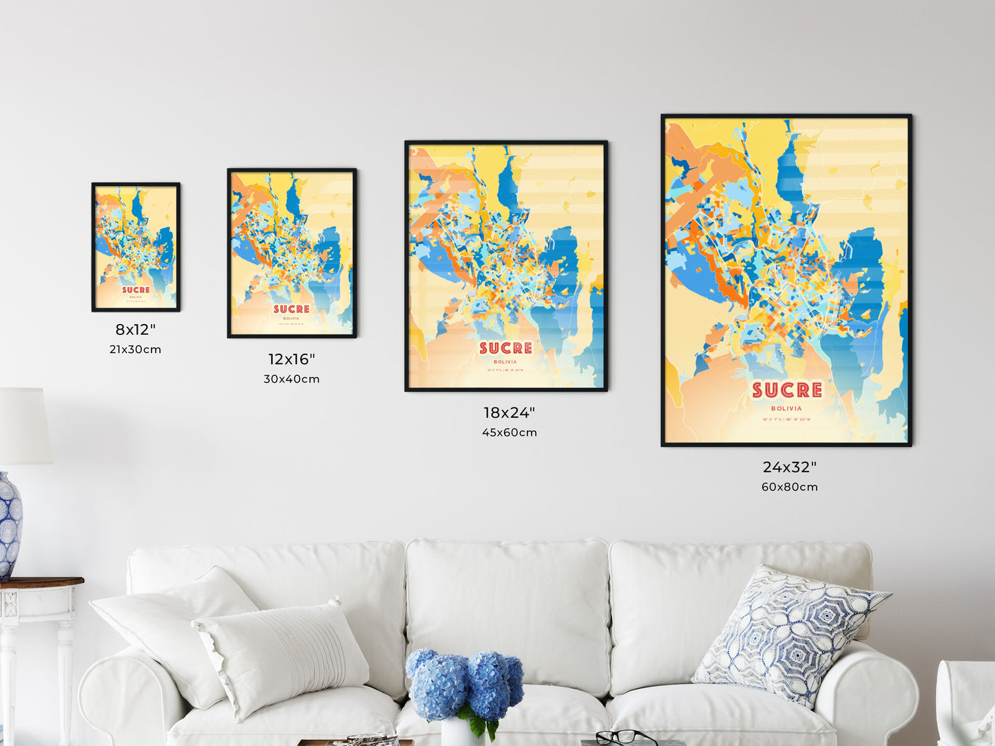 Colorful SUCRE BOLIVIA Fine Art Map Blue Orange