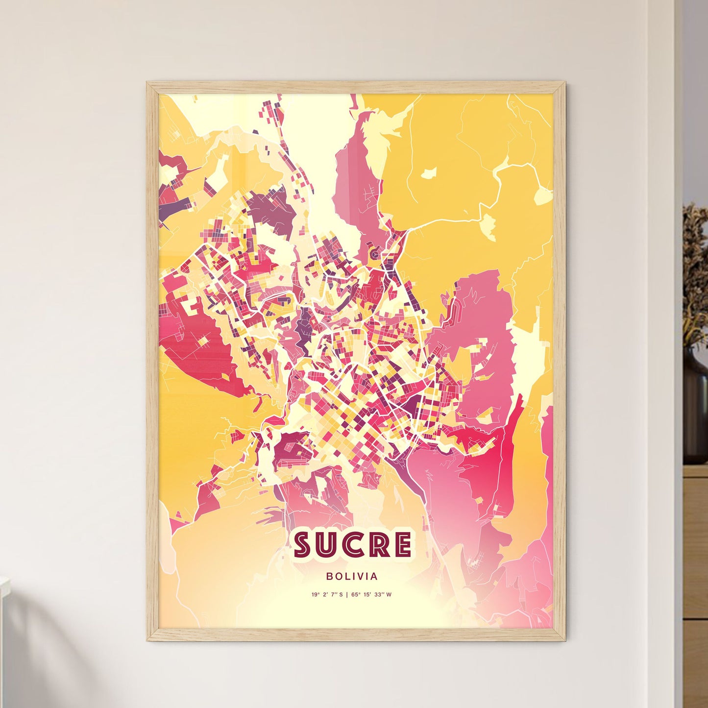 Colorful SUCRE BOLIVIA Fine Art Map Hot Red