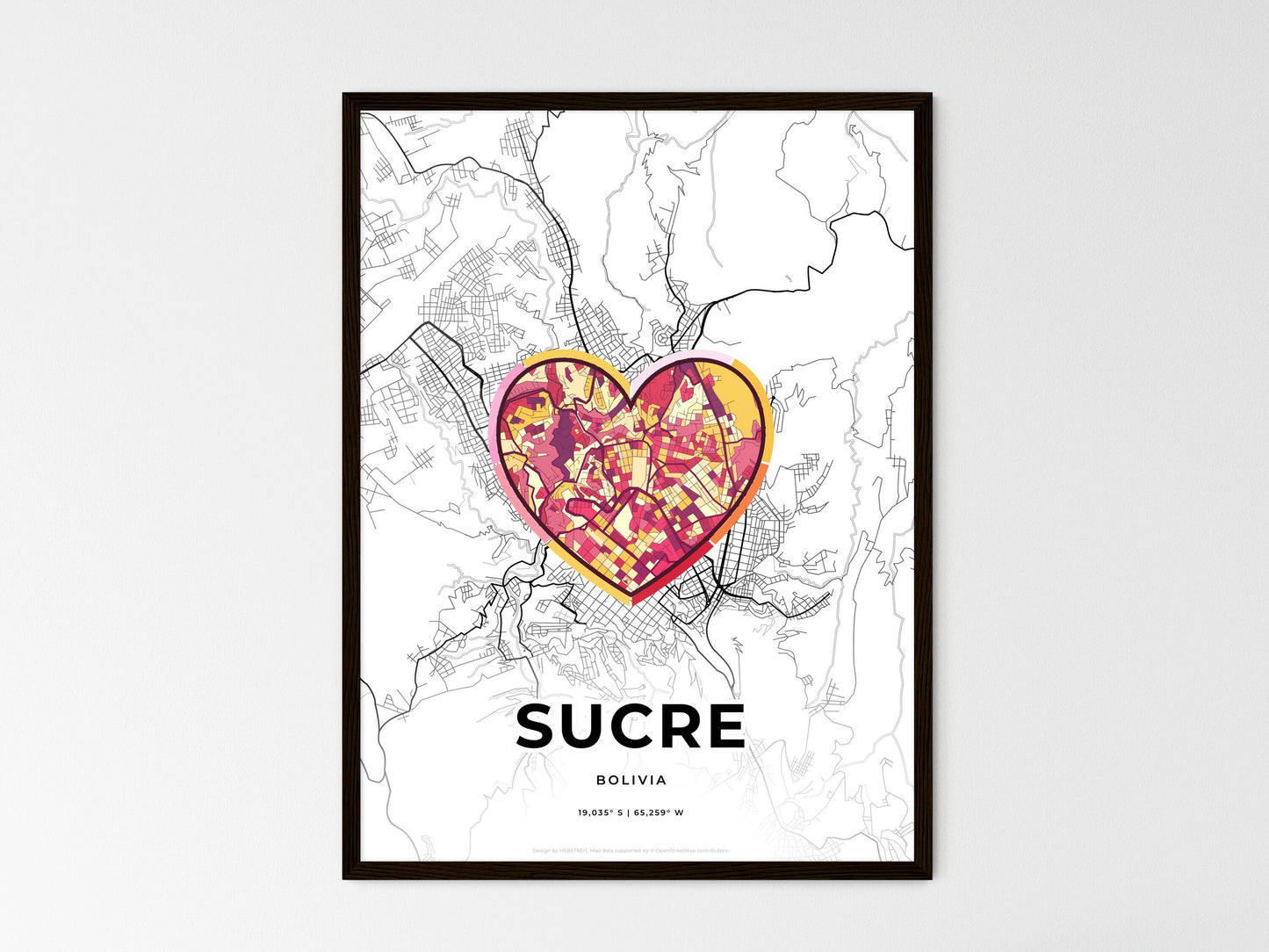 Sucre Bolivia wedding art map with heart icon