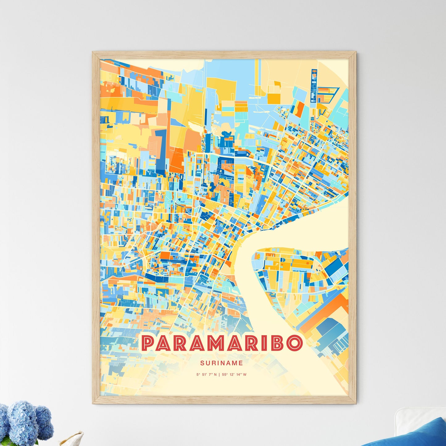 Colorful PARAMARIBO SURINAME Fine Art Map Blue Orange