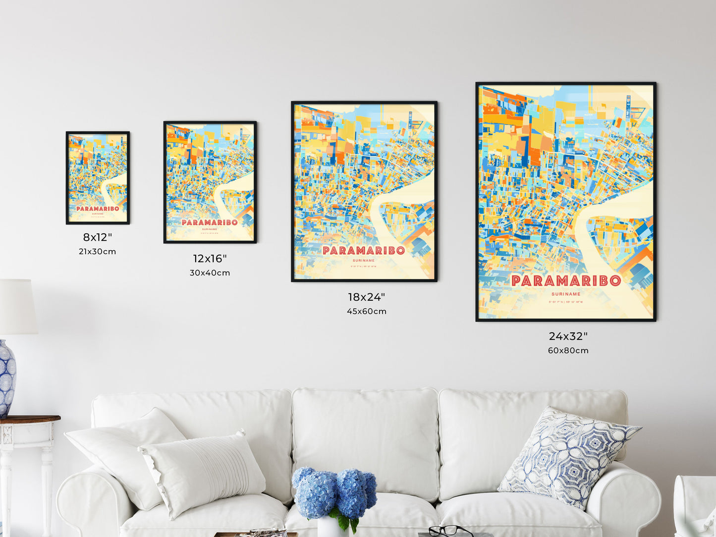 Colorful PARAMARIBO SURINAME Fine Art Map Blue Orange