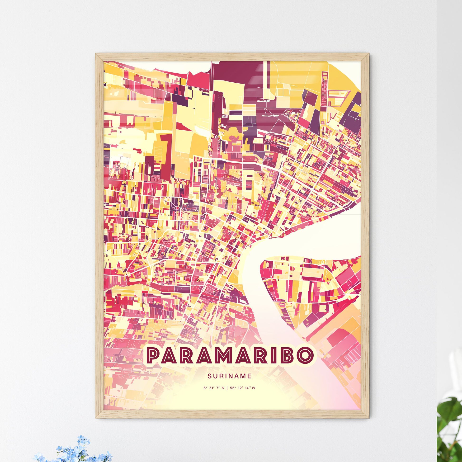 Colorful PARAMARIBO SURINAME Fine Art Map Hot Red