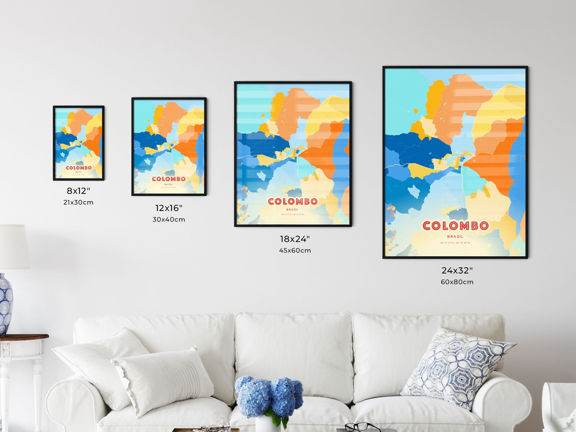 Colorful COLOMBO BRAZIL Fine Art Map Blue Orange