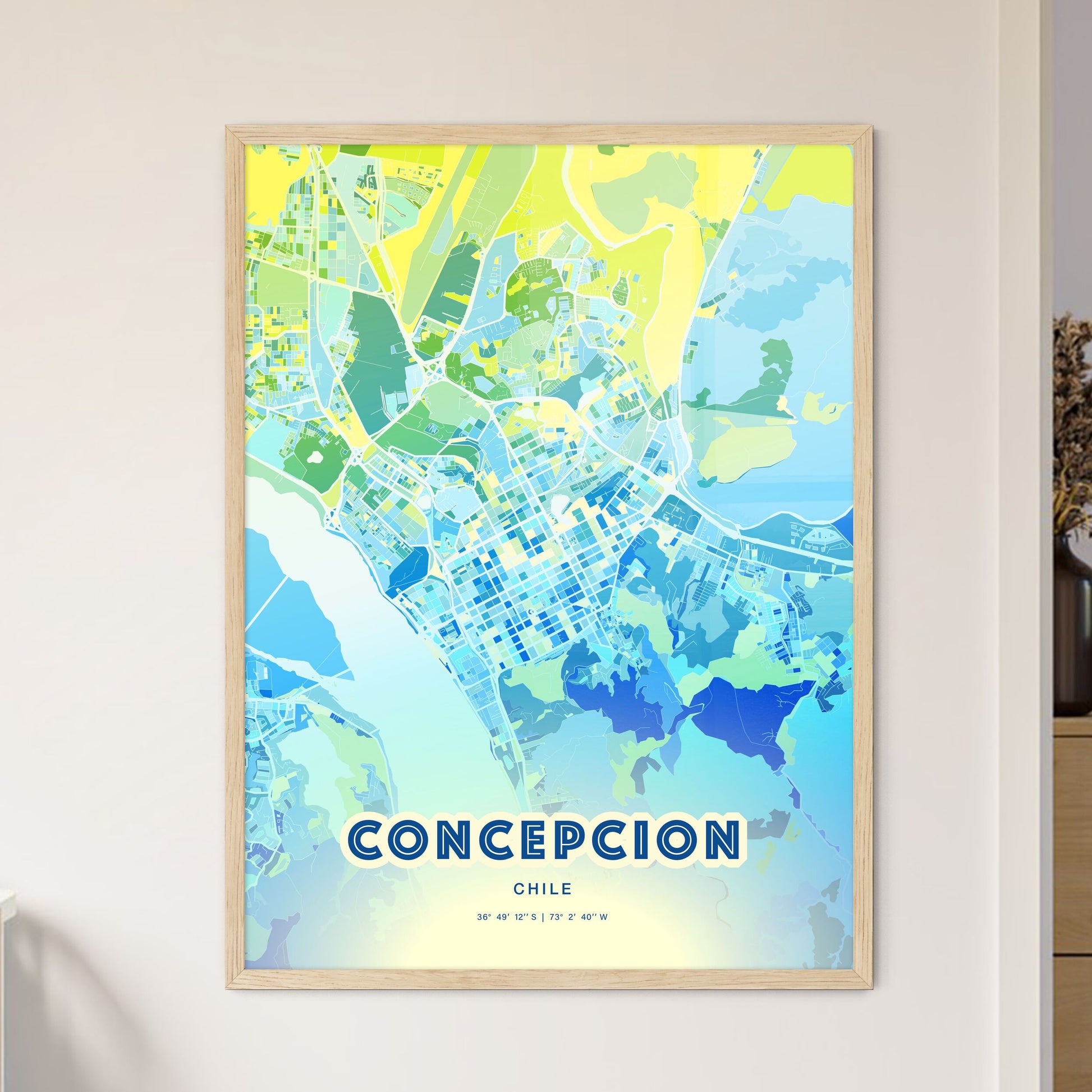 Colorful CONCEPCION CHILE Fine Art Map Cool Blue