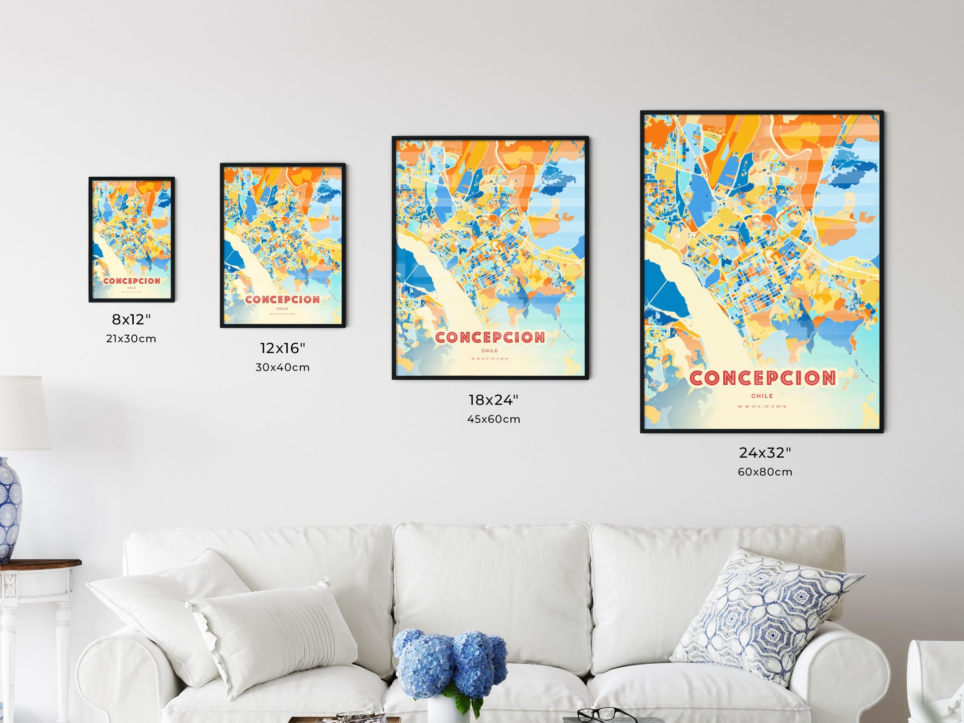 Colorful CONCEPCION CHILE Fine Art Map Blue Orange