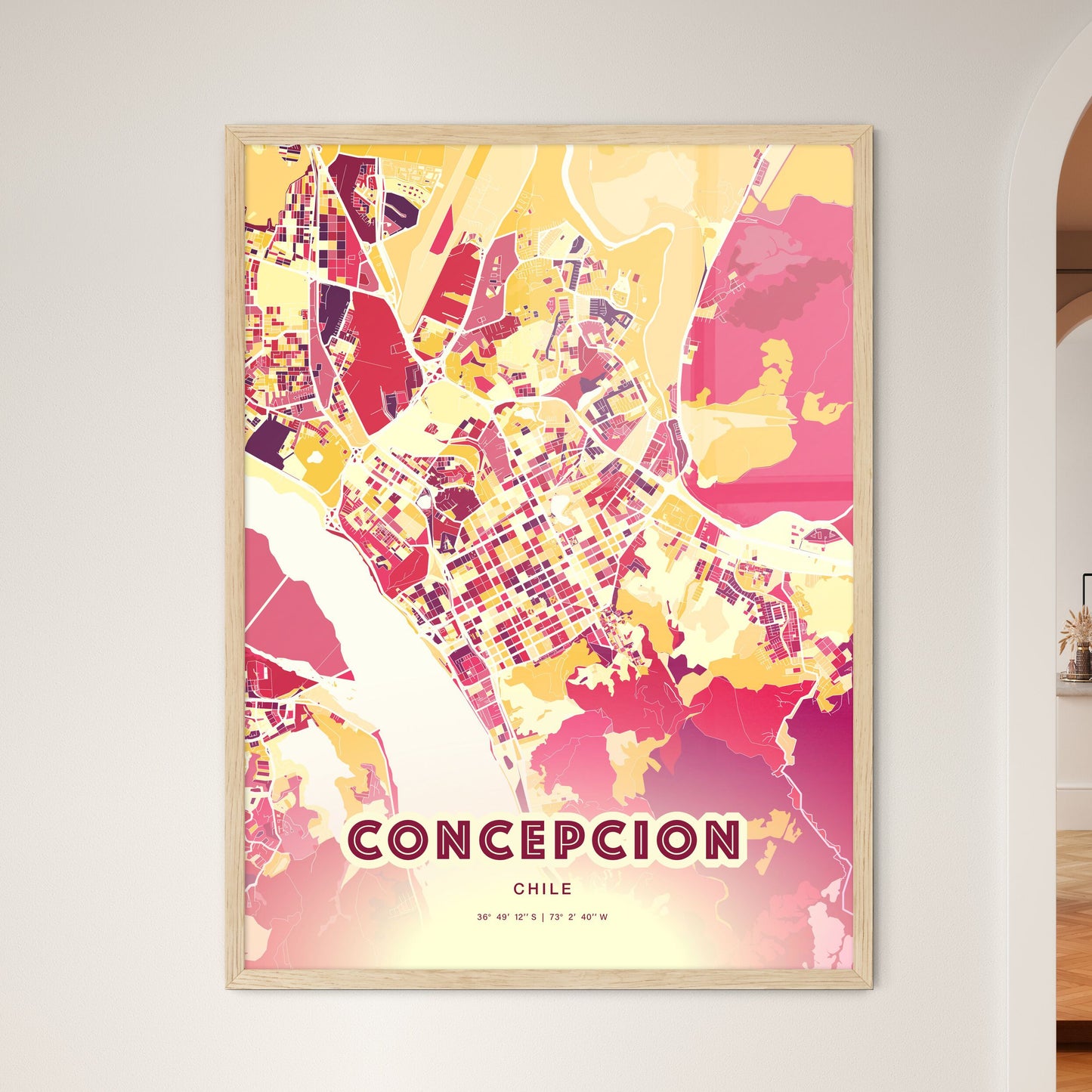 Colorful CONCEPCION CHILE Fine Art Map Hot Red