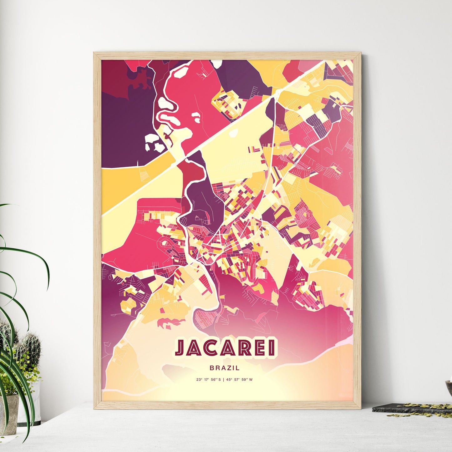 Colorful JACAREI BRAZIL Fine Art Map Hot Red