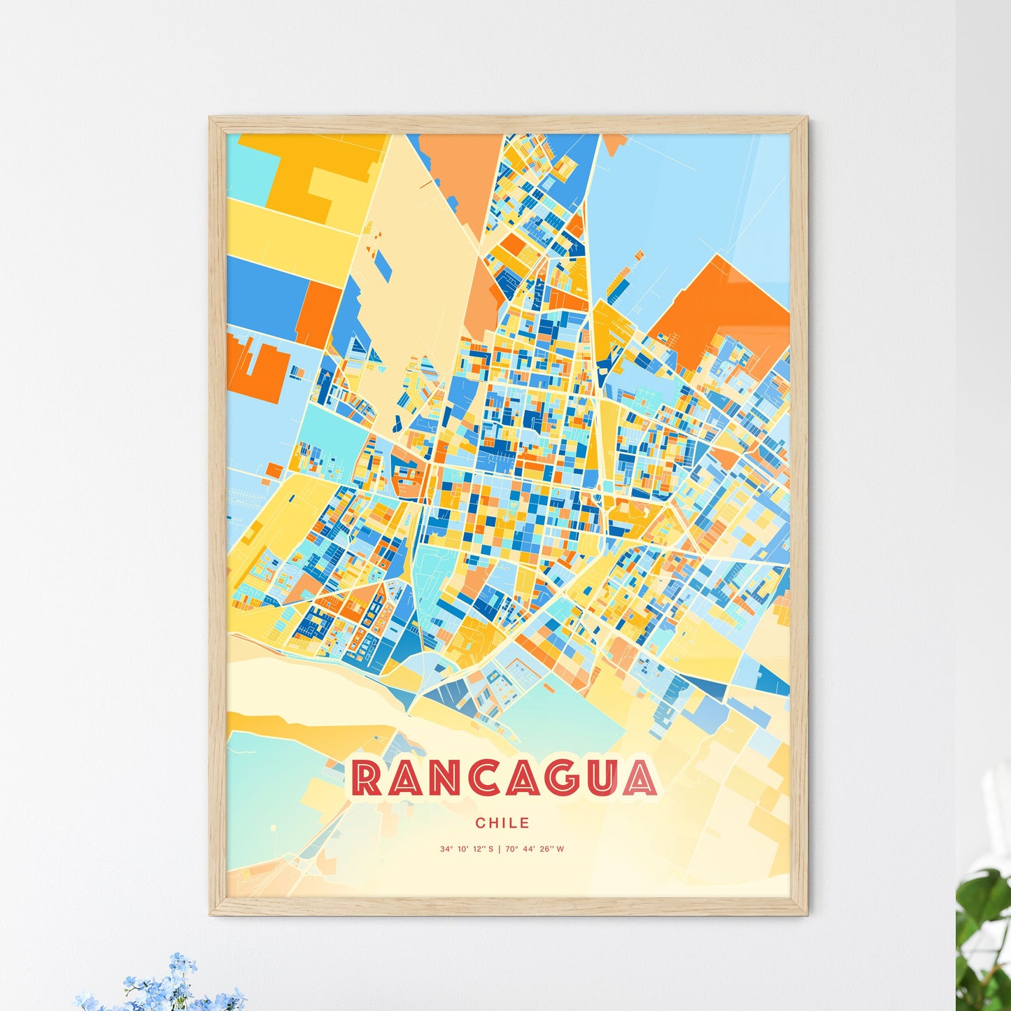 Colorful RANCAGUA CHILE Fine Art Map Blue Orange