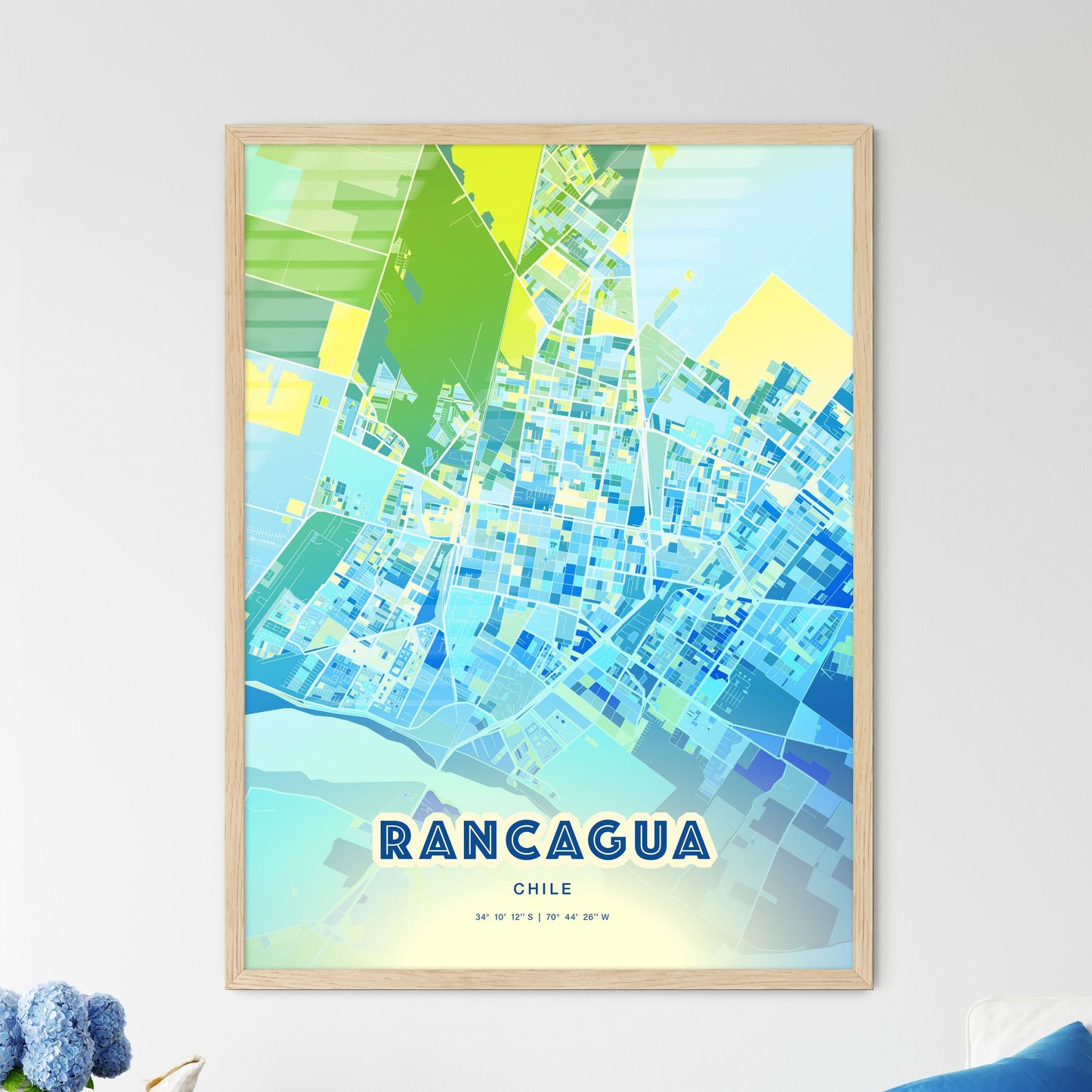 Colorful RANCAGUA CHILE Fine Art Map Cool Blue