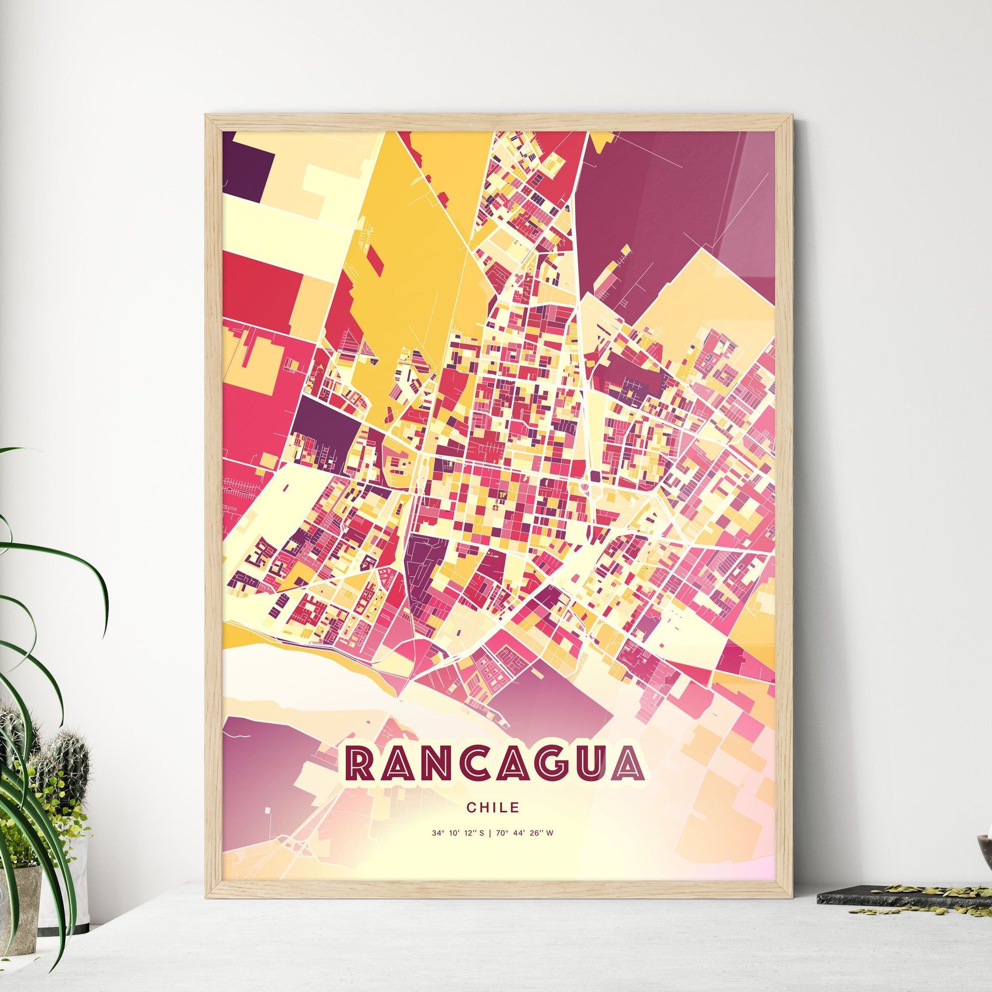 Colorful RANCAGUA CHILE Fine Art Map Hot Red