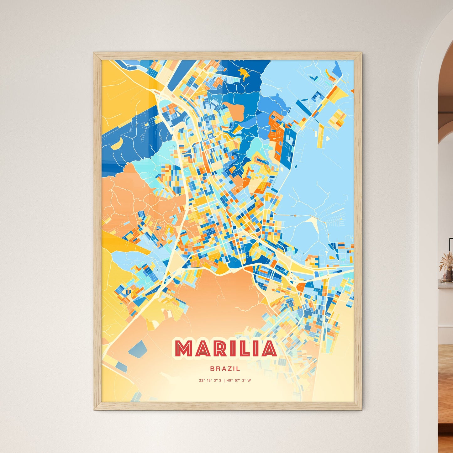 Colorful MARILIA BRAZIL Fine Art Map Blue Orange