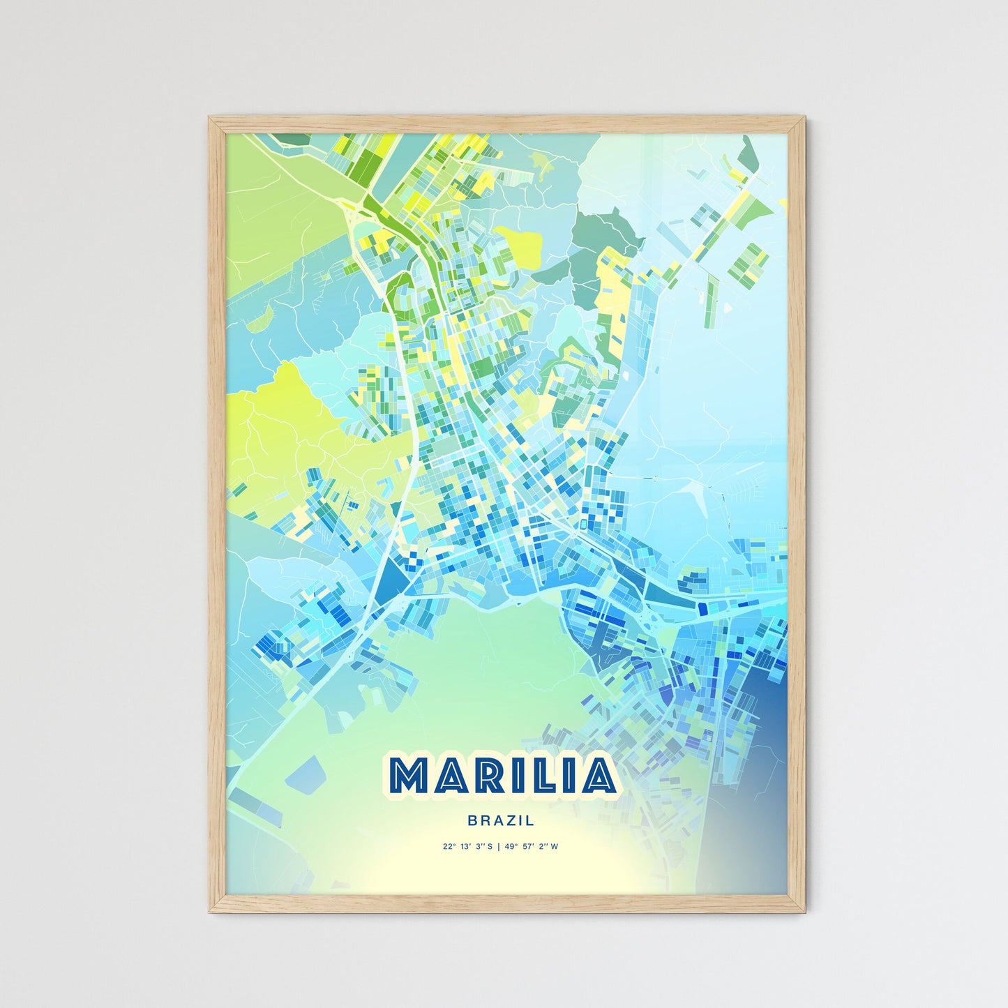 Colorful MARILIA BRAZIL Fine Art Map Cool Blue