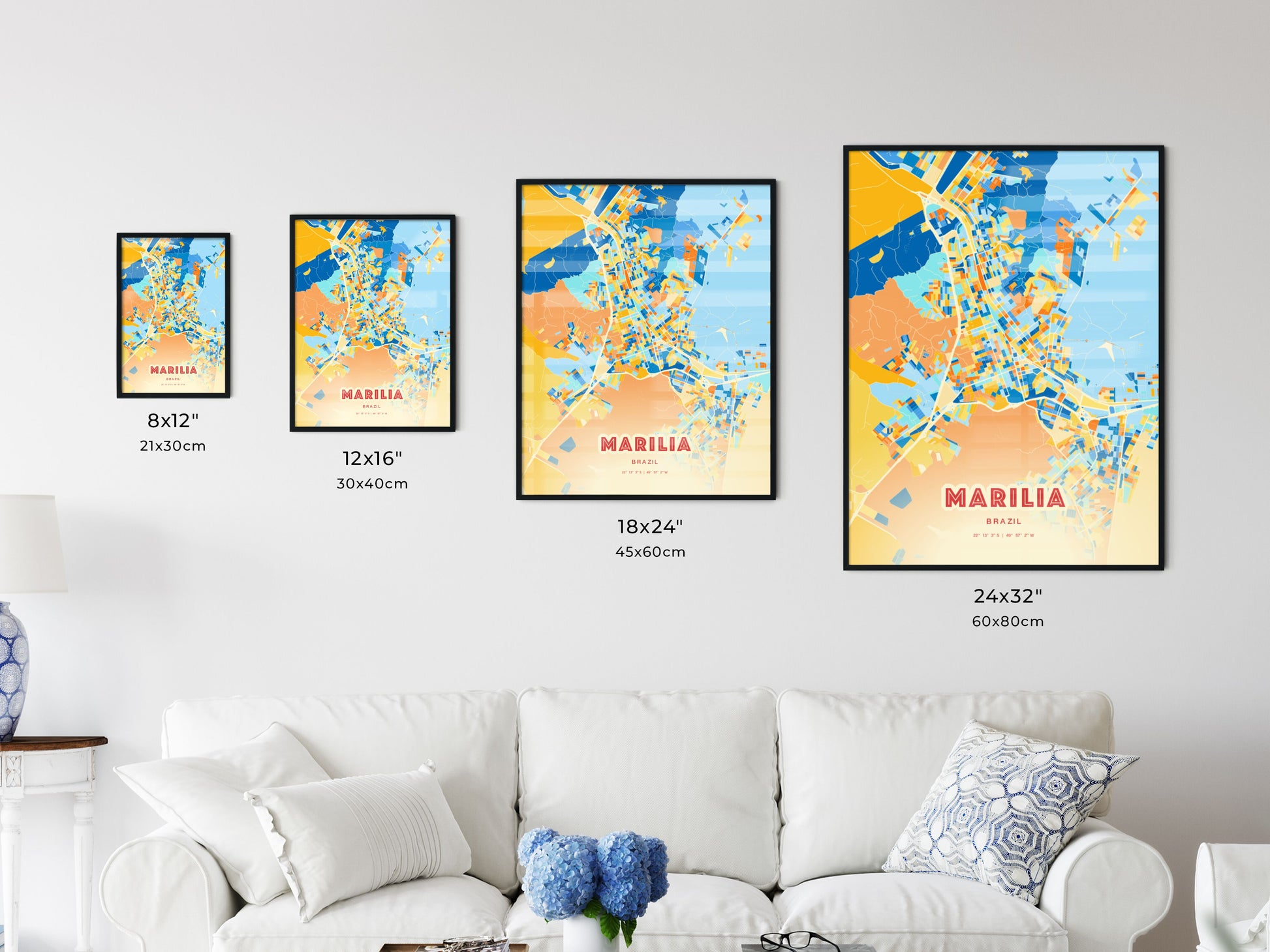 Colorful MARILIA BRAZIL Fine Art Map Blue Orange