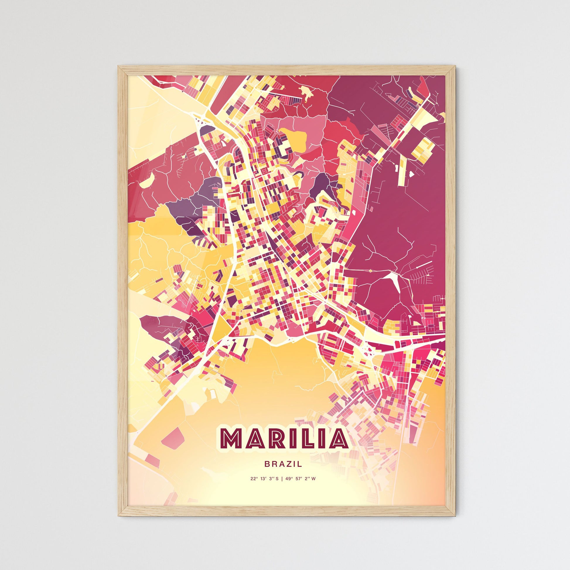 Colorful MARILIA BRAZIL Fine Art Map Hot Red