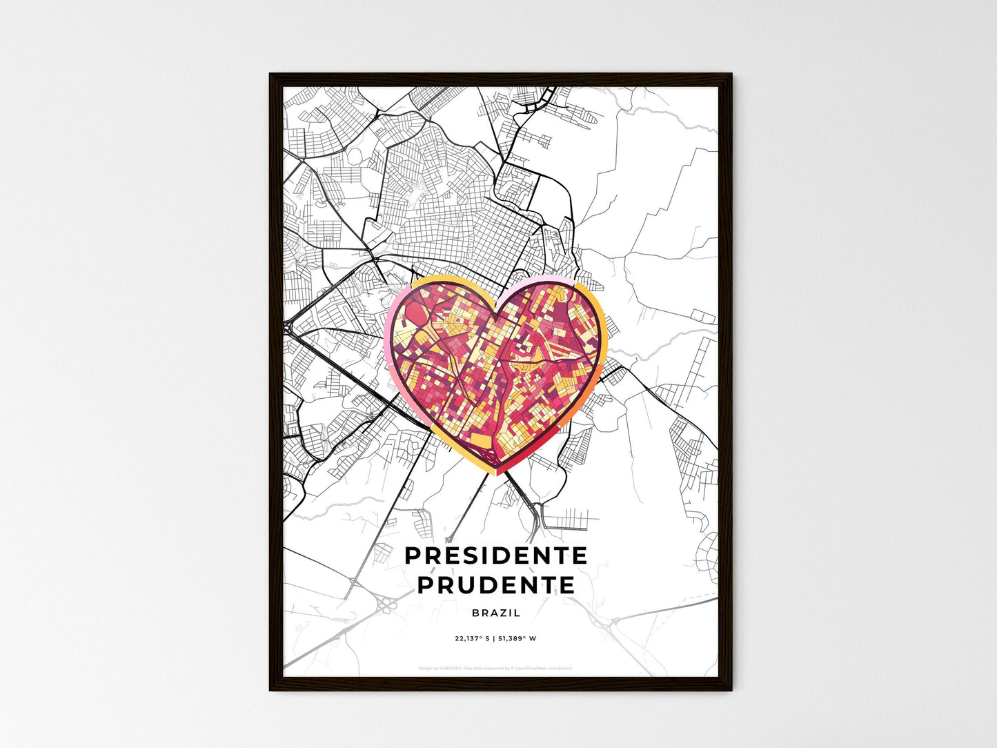 Presidente Prudente Brazil wedding art map with heart icon