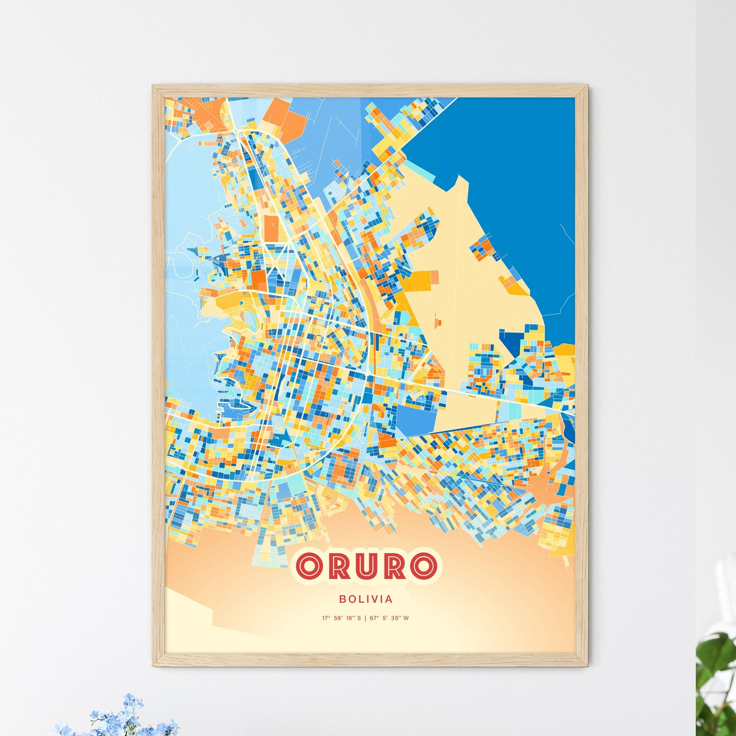 Colorful ORURO BOLIVIA Fine Art Map Blue Orange