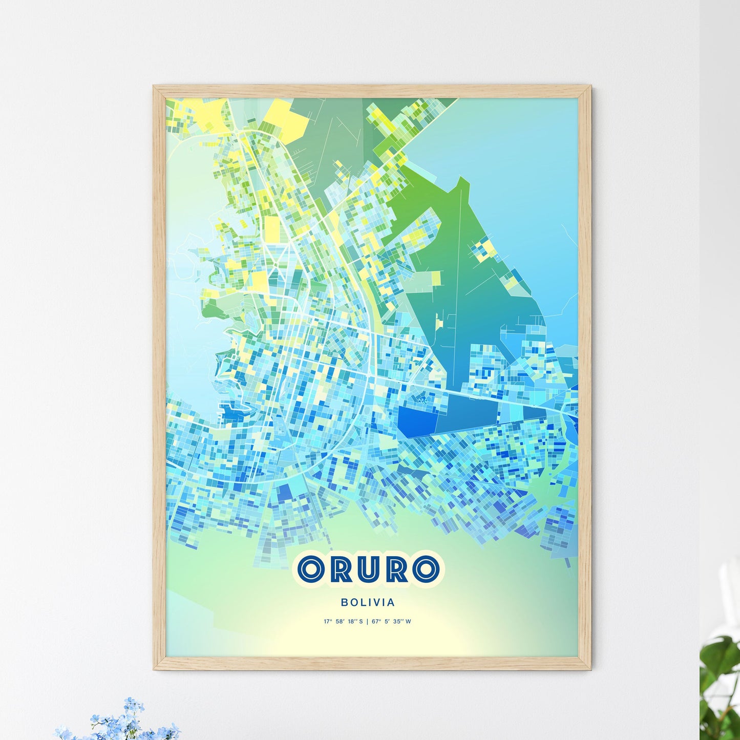 Colorful ORURO BOLIVIA Fine Art Map Cool Blue