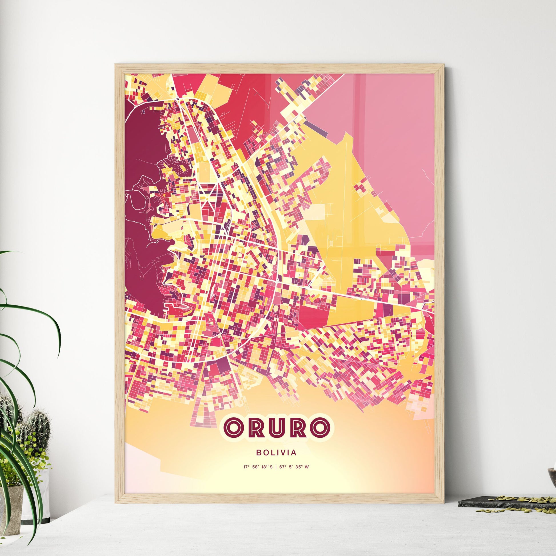 Colorful ORURO BOLIVIA Fine Art Map Hot Red