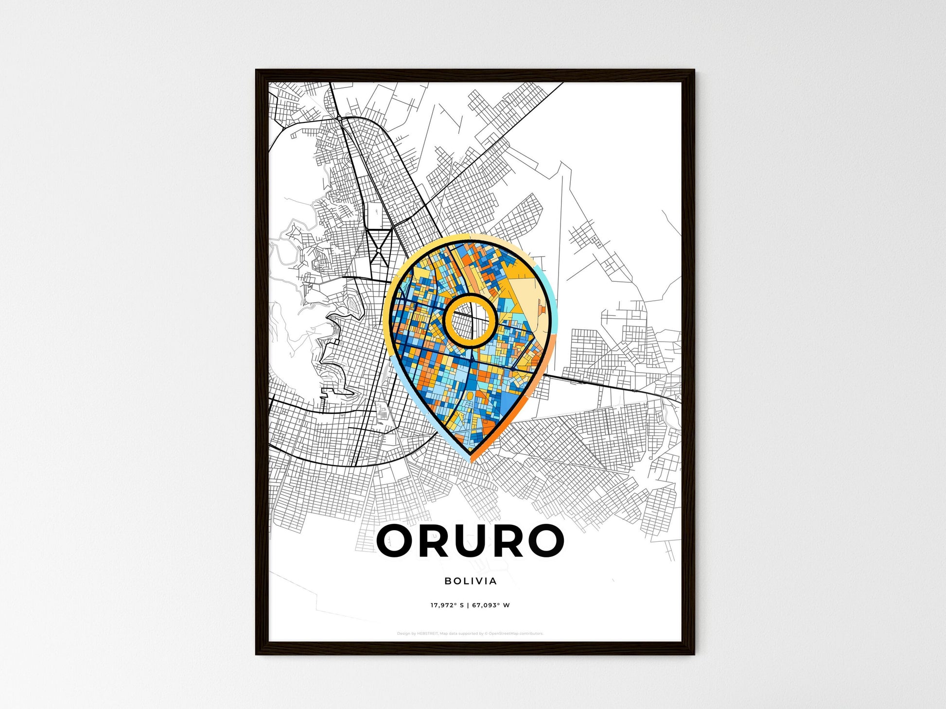 Oruro Bolivia wedding art map with pointer icon