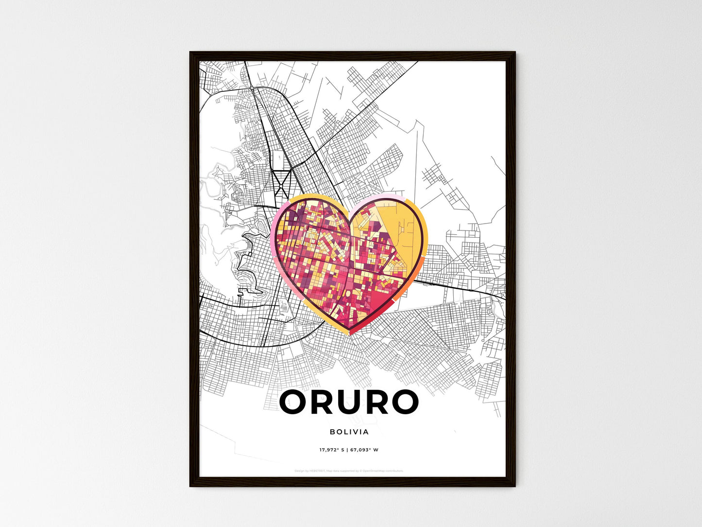Oruro Bolivia wedding art map with heart icon