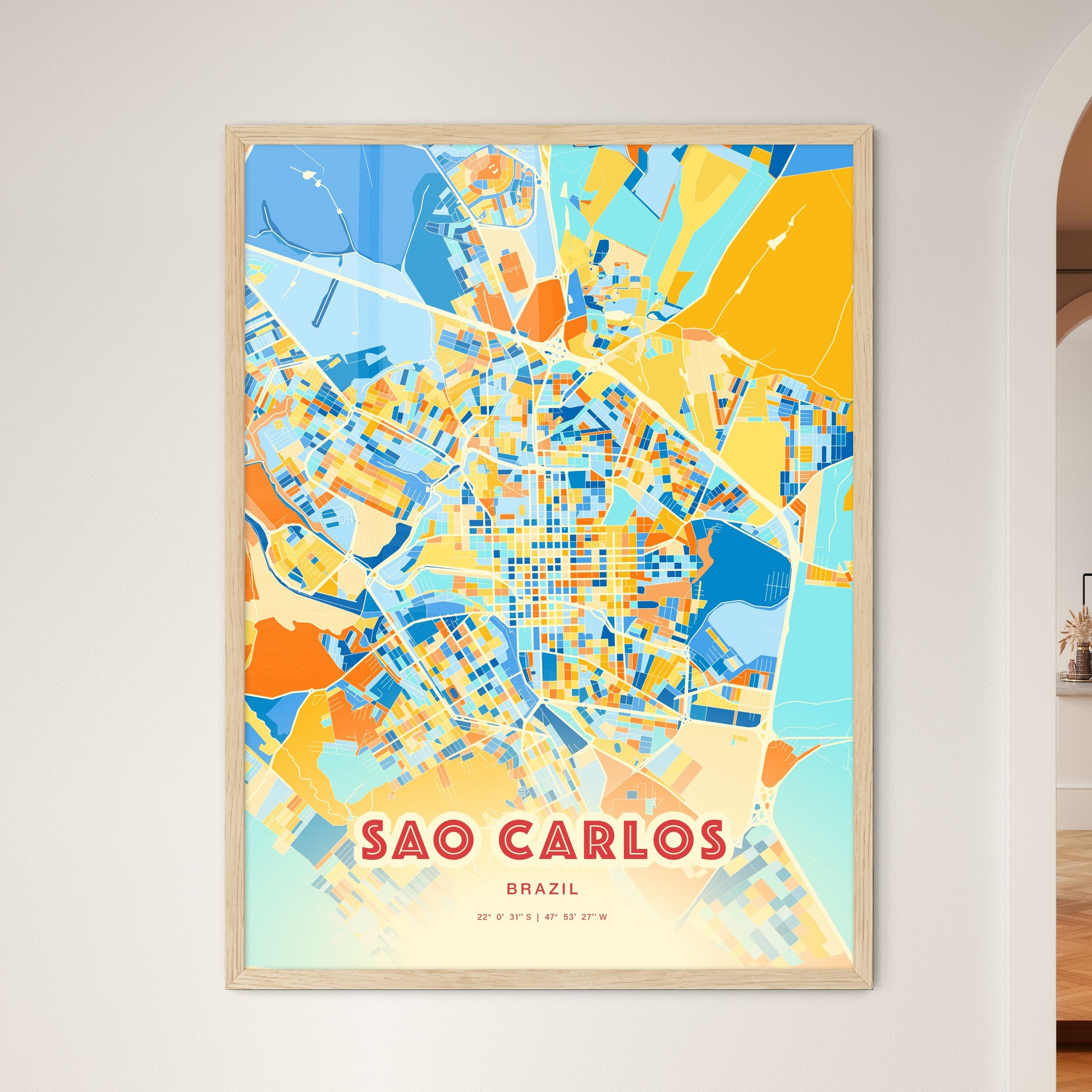 Colorful SAO CARLOS BRAZIL Fine Art Map Blue Orange