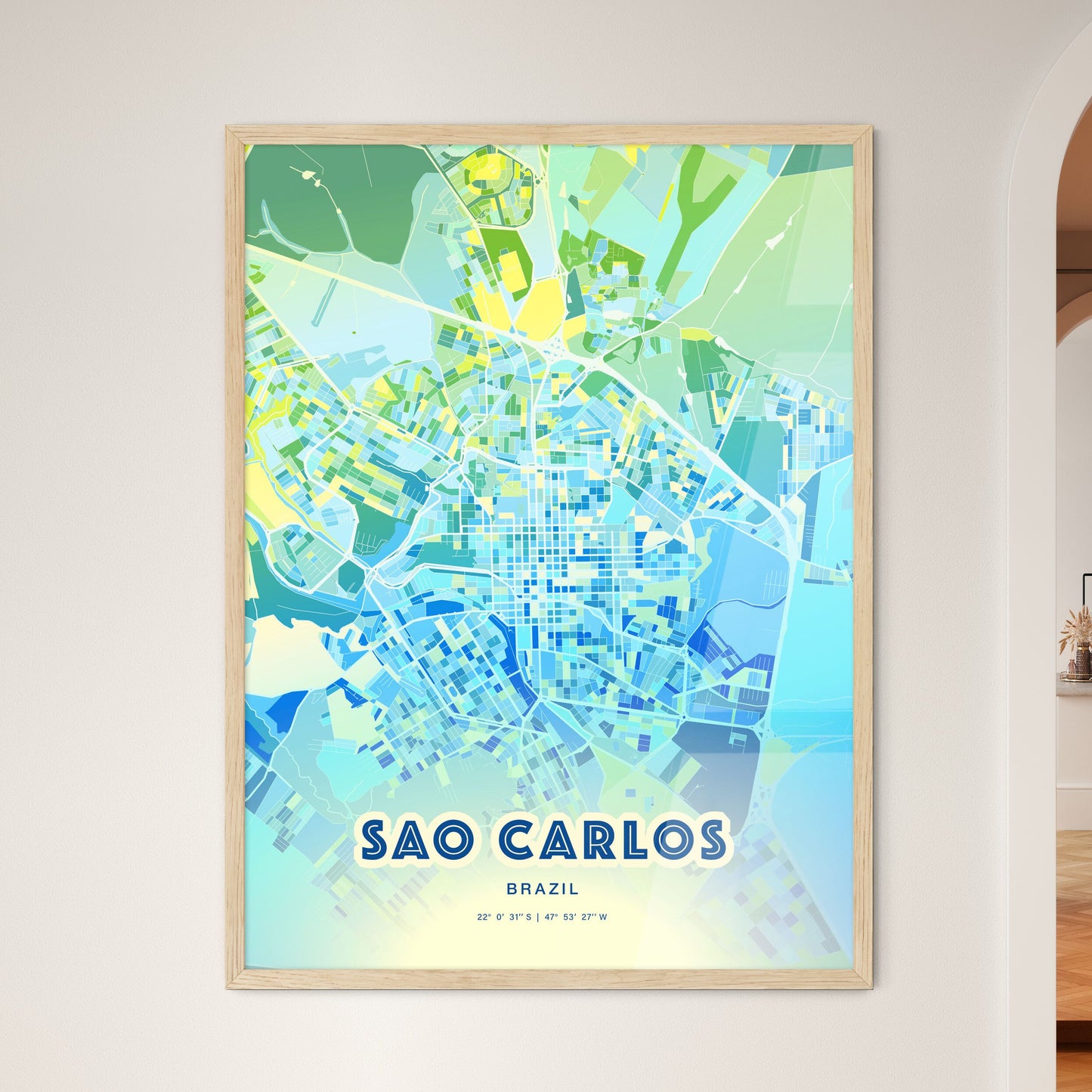 Colorful SAO CARLOS BRAZIL Fine Art Map Cool Blue