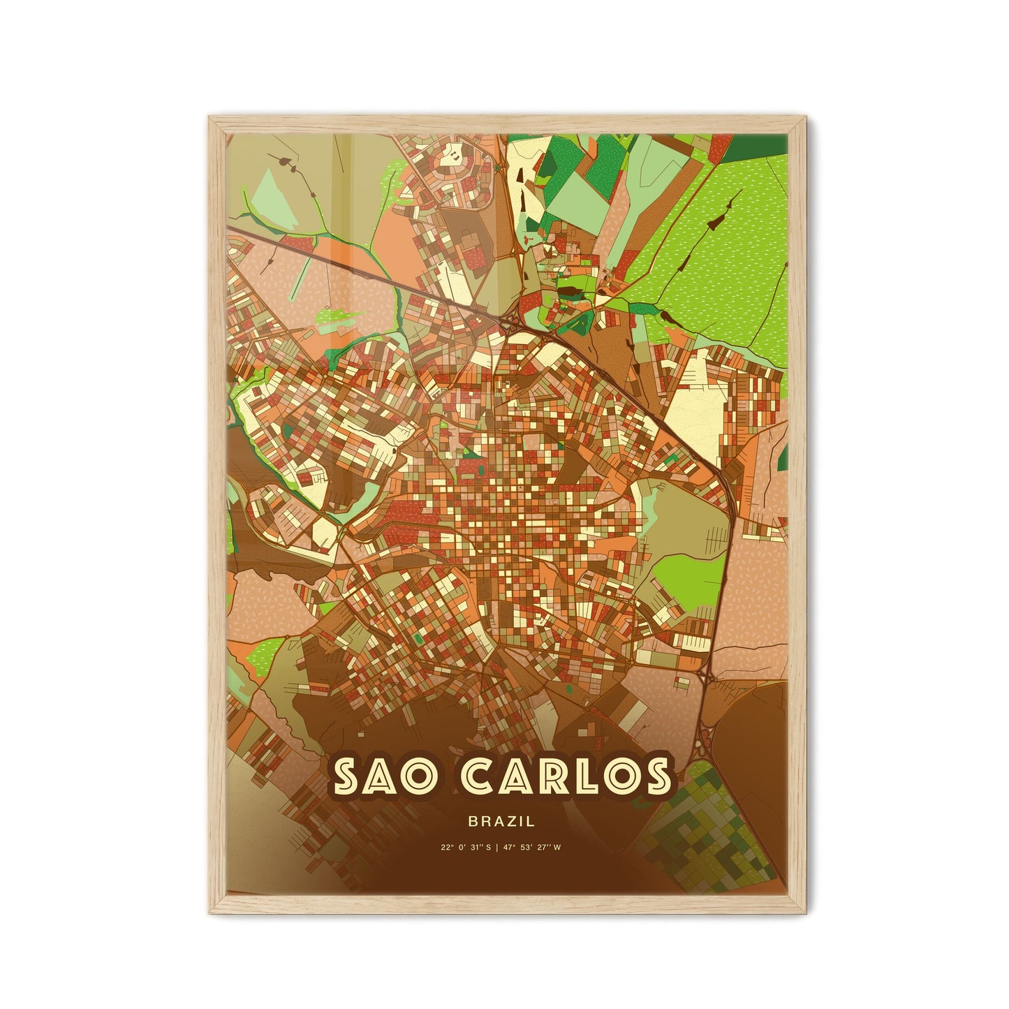 Colorful SAO CARLOS BRAZIL Fine Art Map Farmhouse