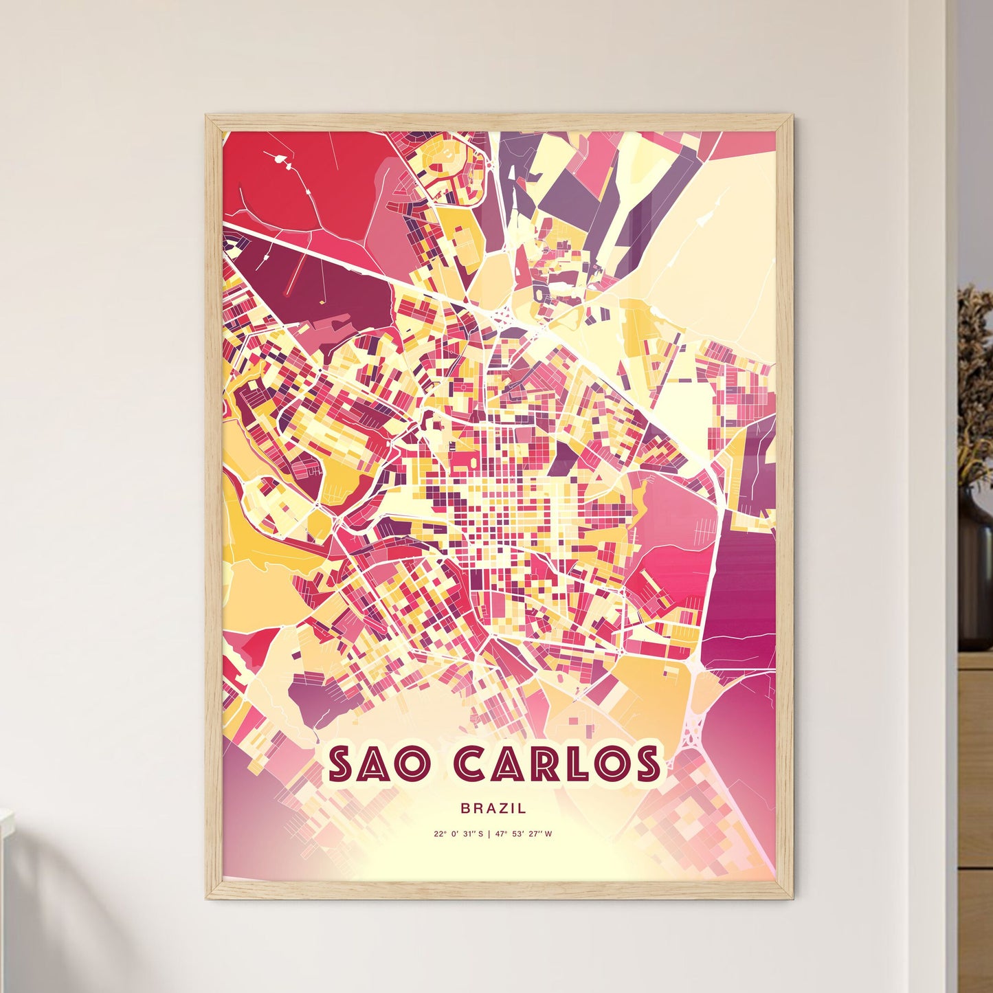 Colorful SAO CARLOS BRAZIL Fine Art Map Hot Red