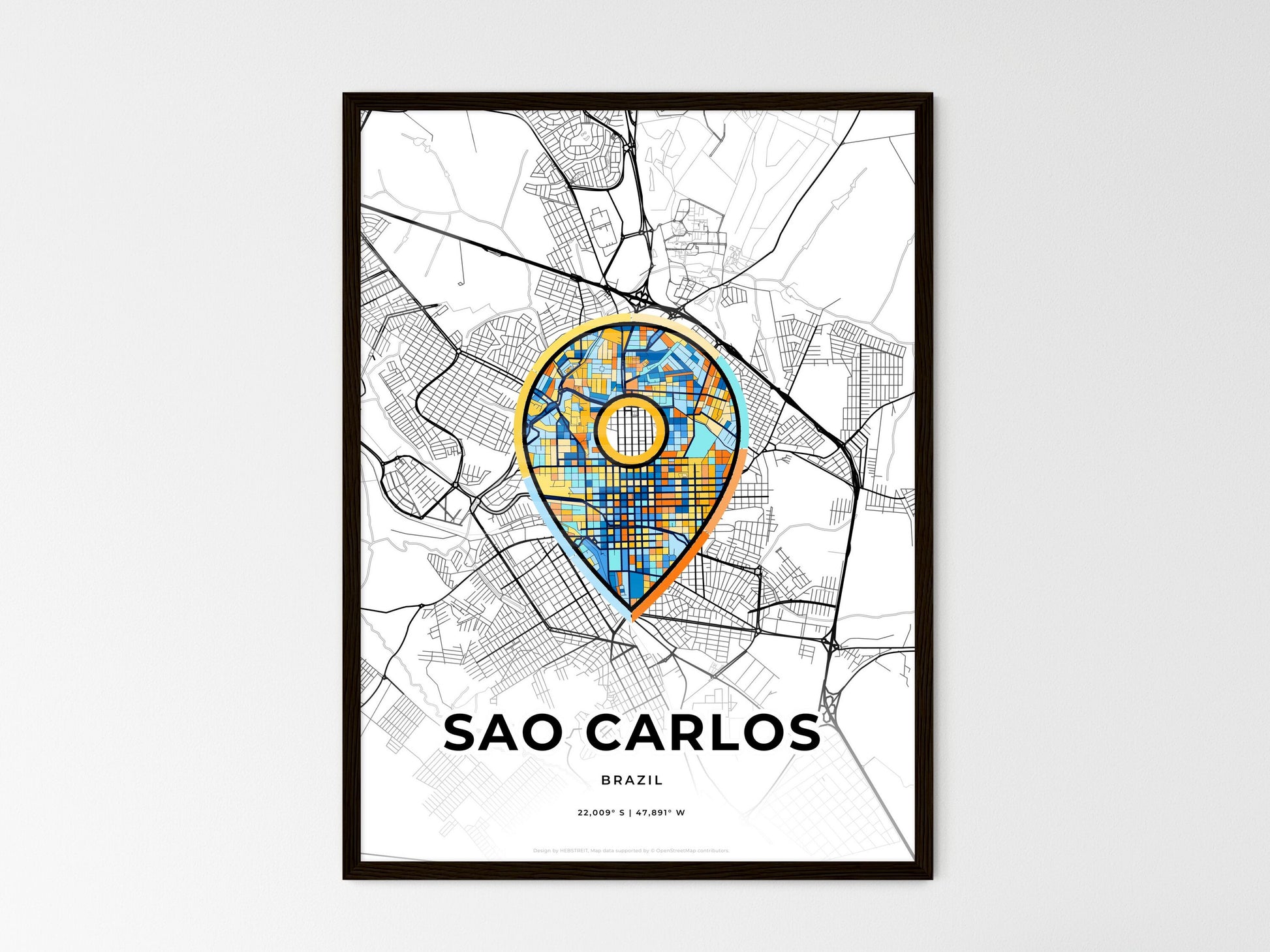 Sao Carlos Brazil wedding art map with pointer icon