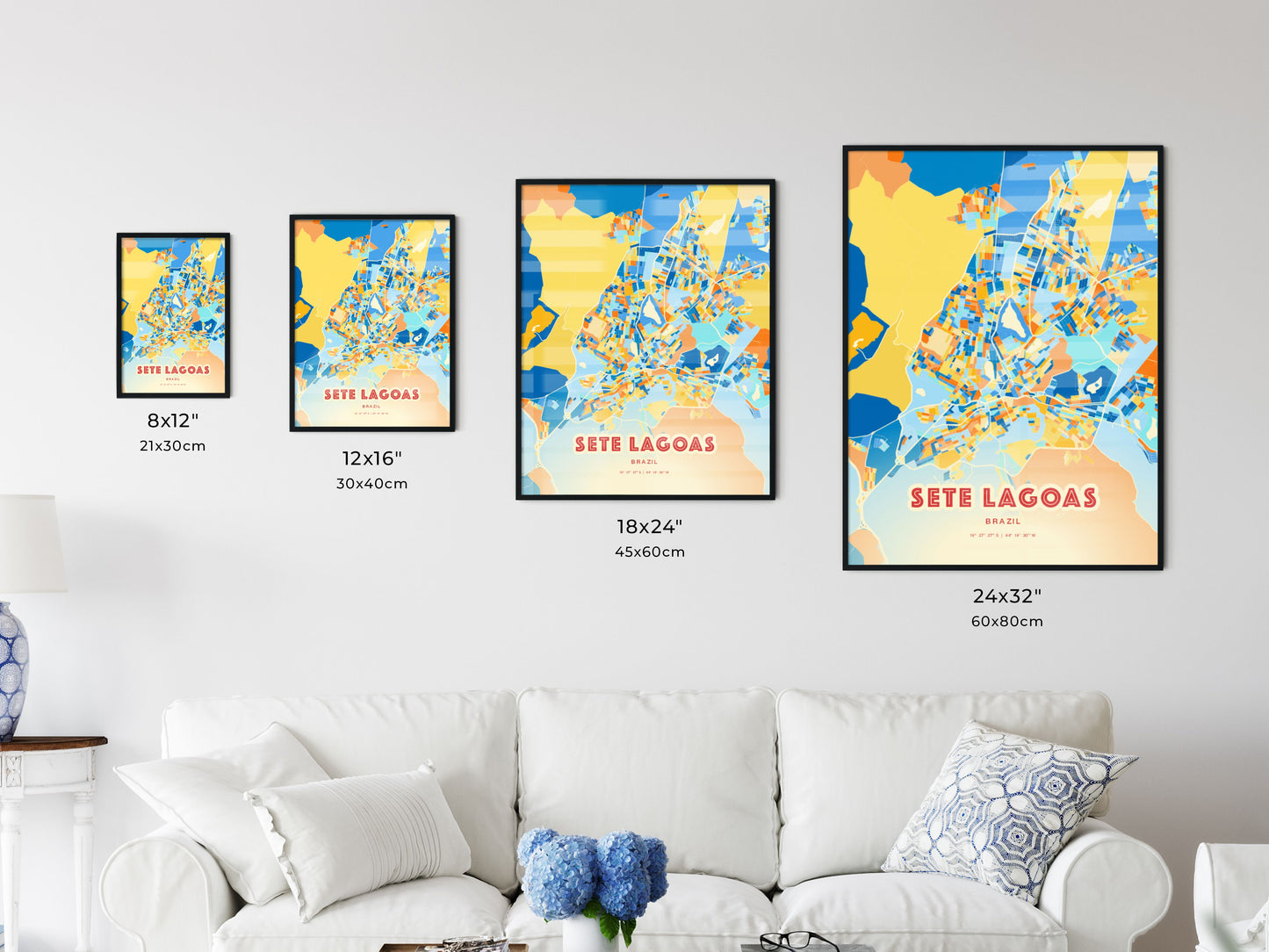 Colorful SETE LAGOAS BRAZIL Fine Art Map Blue Orange