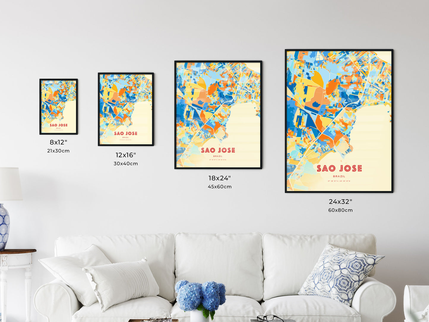 Colorful SAO JOSE BRAZIL Fine Art Map Blue Orange