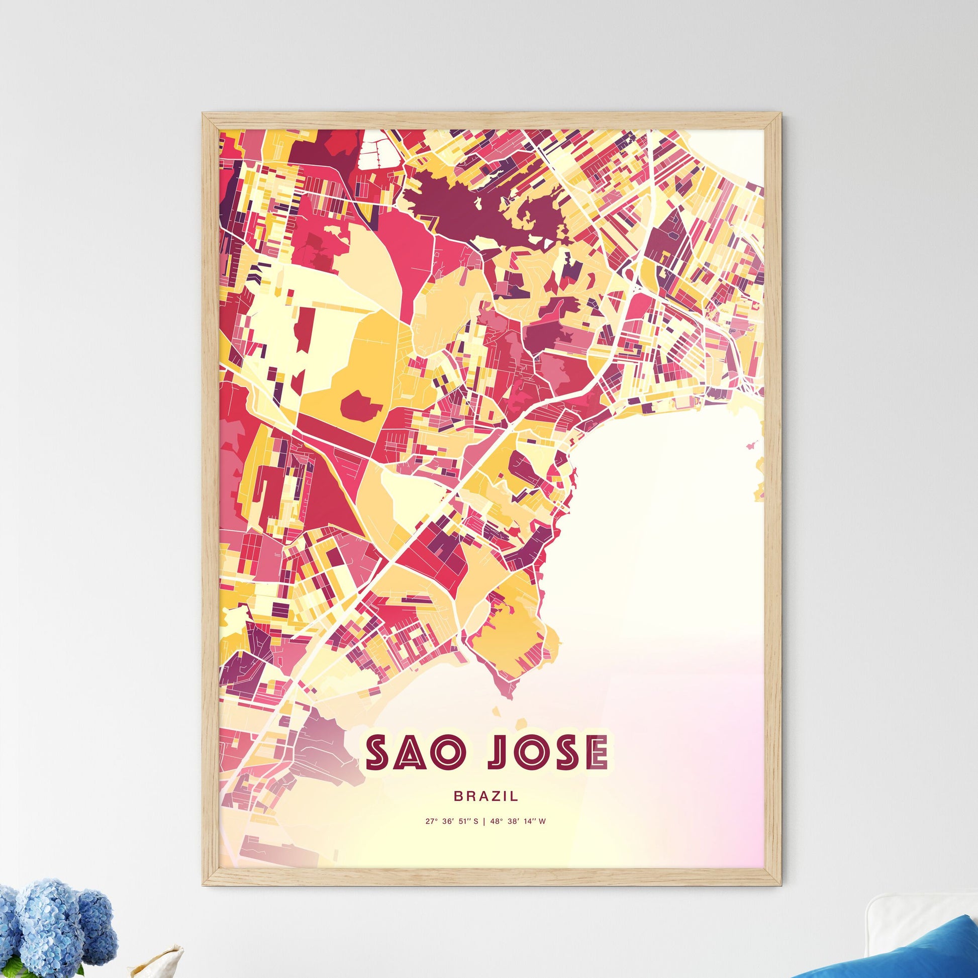 Colorful SAO JOSE BRAZIL Fine Art Map Hot Red