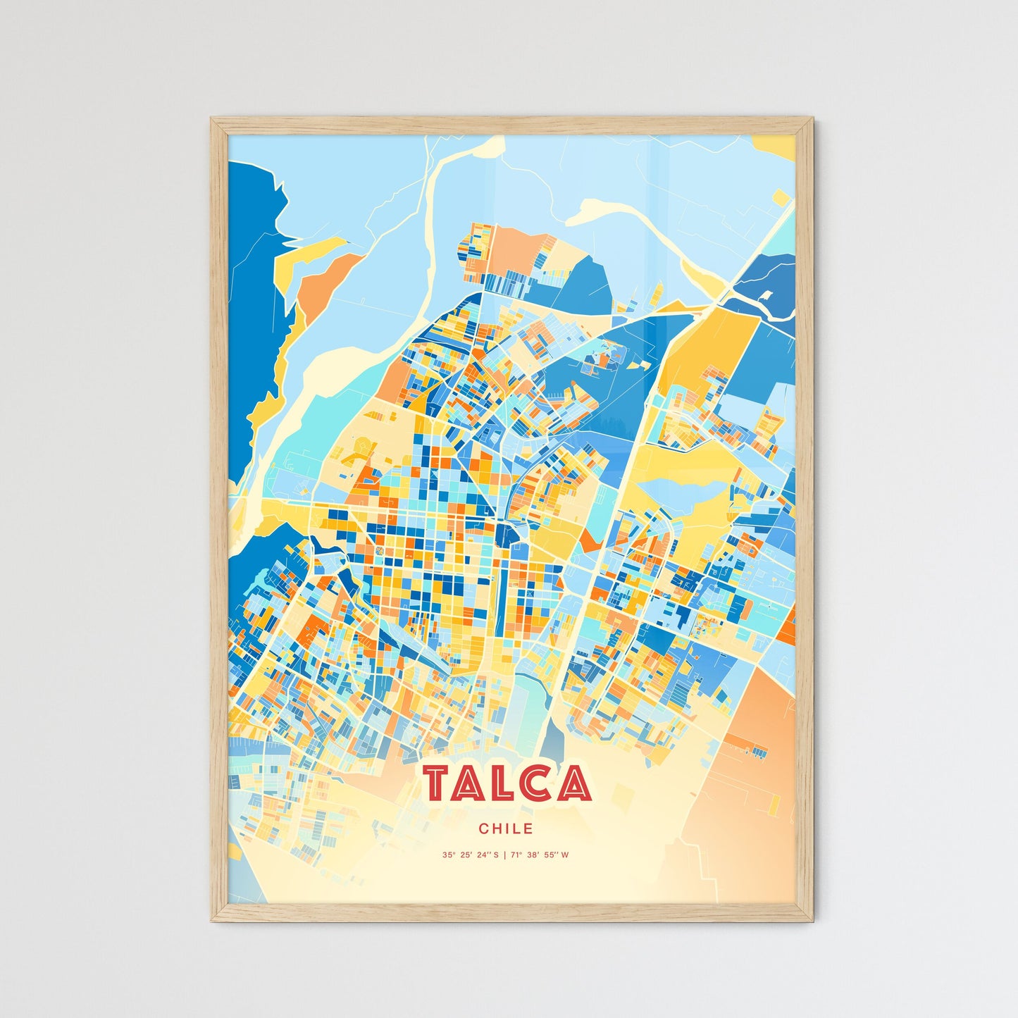 Colorful TALCA CHILE Fine Art Map Blue Orange