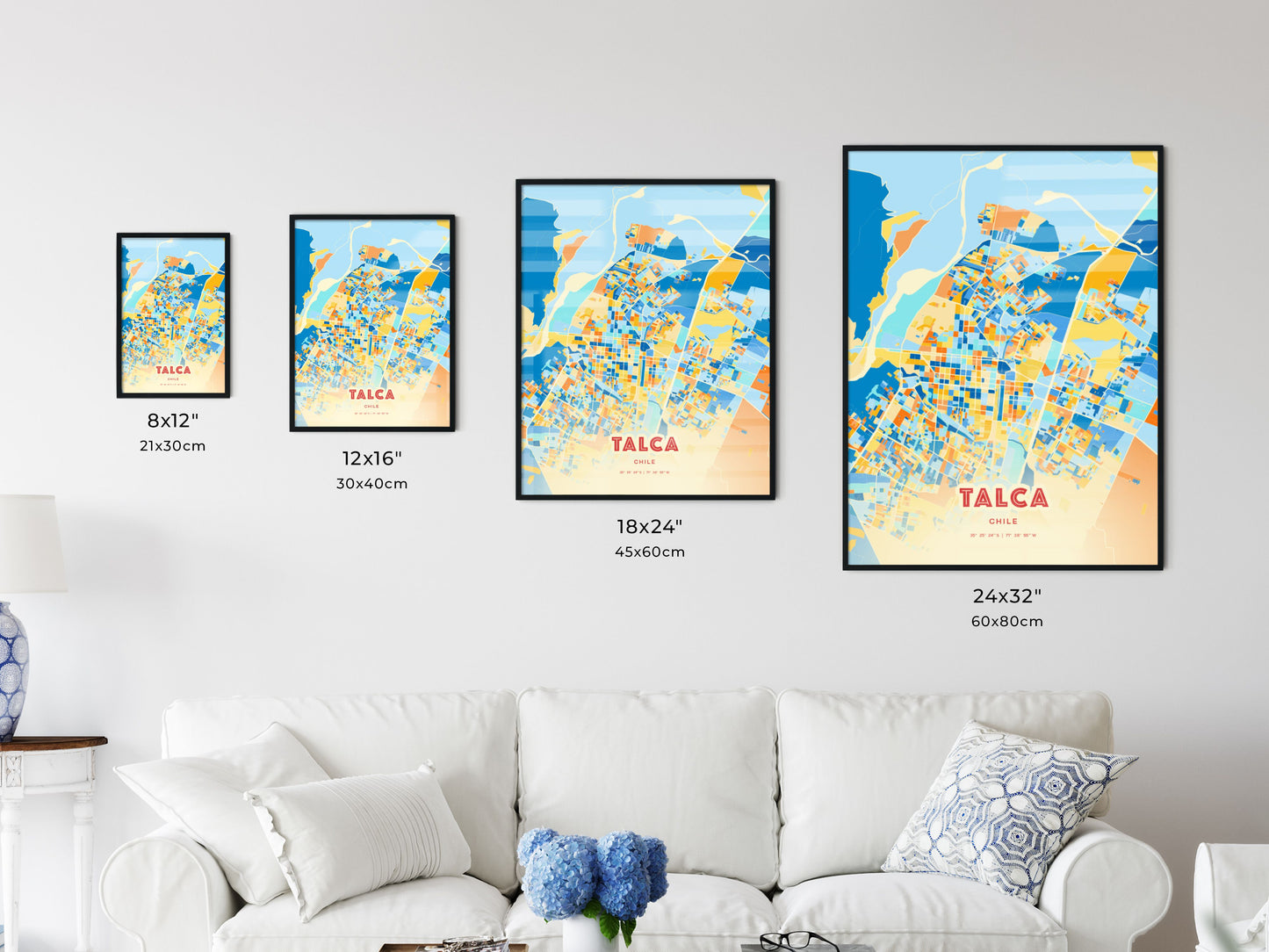 Colorful TALCA CHILE Fine Art Map Blue Orange