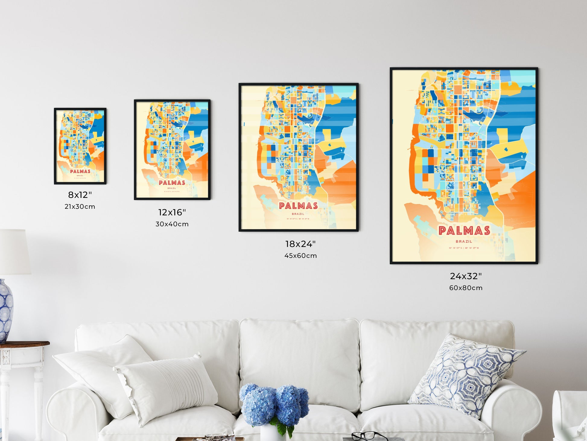 Colorful PALMAS BRAZIL Fine Art Map Blue Orange