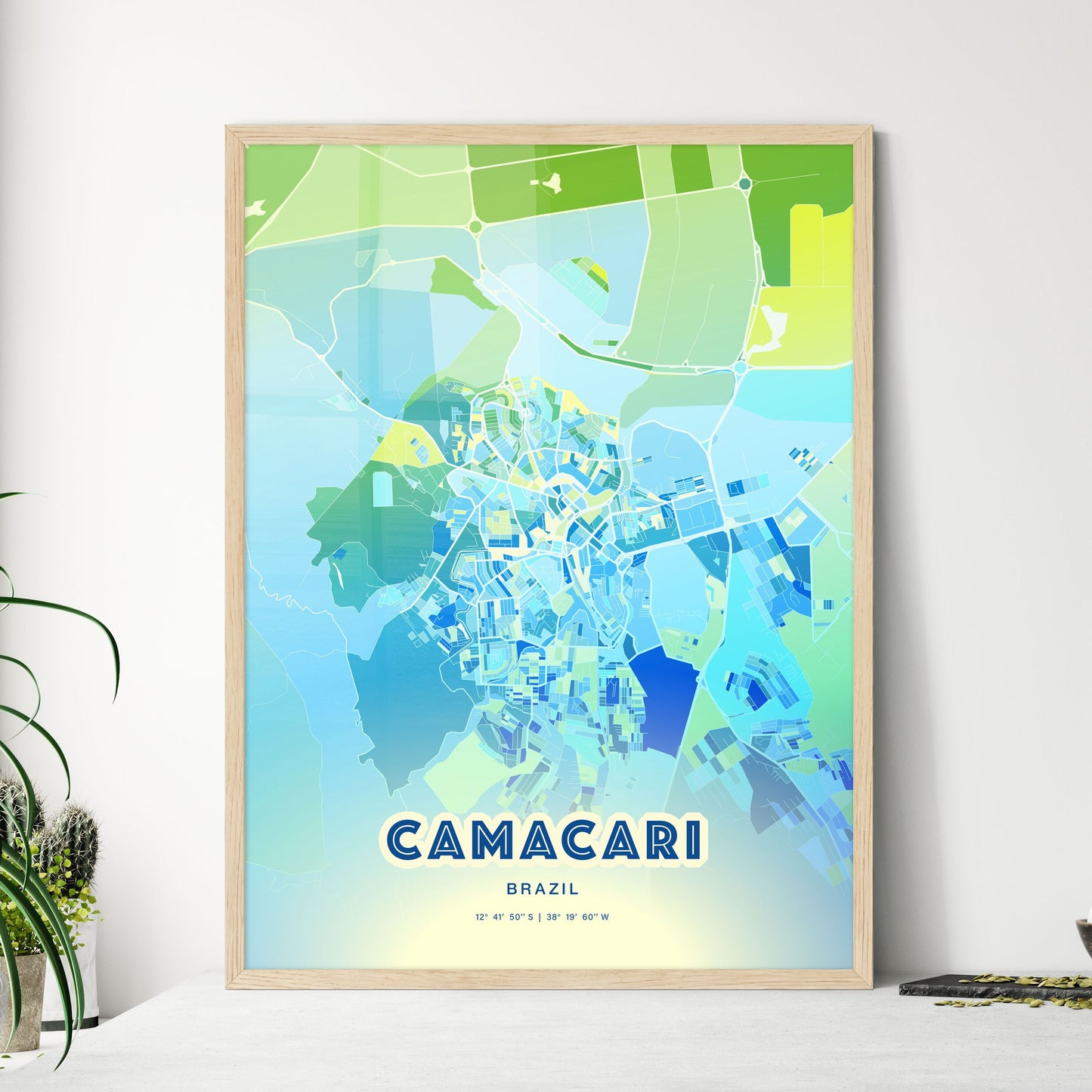 Colorful CAMACARI BRAZIL Fine Art Map Cool Blue