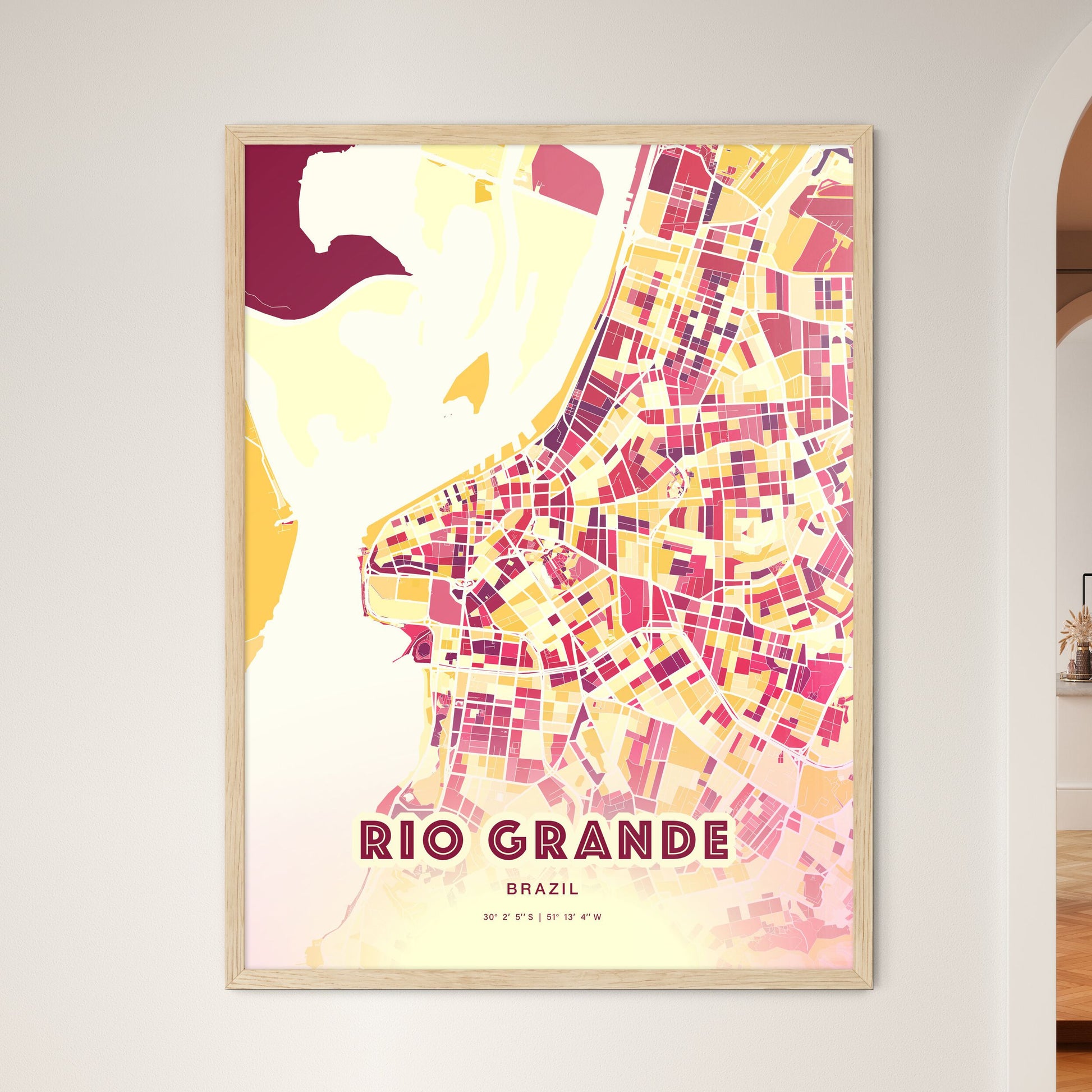 Colorful RIO GRANDE BRAZIL Fine Art Map Hot Red