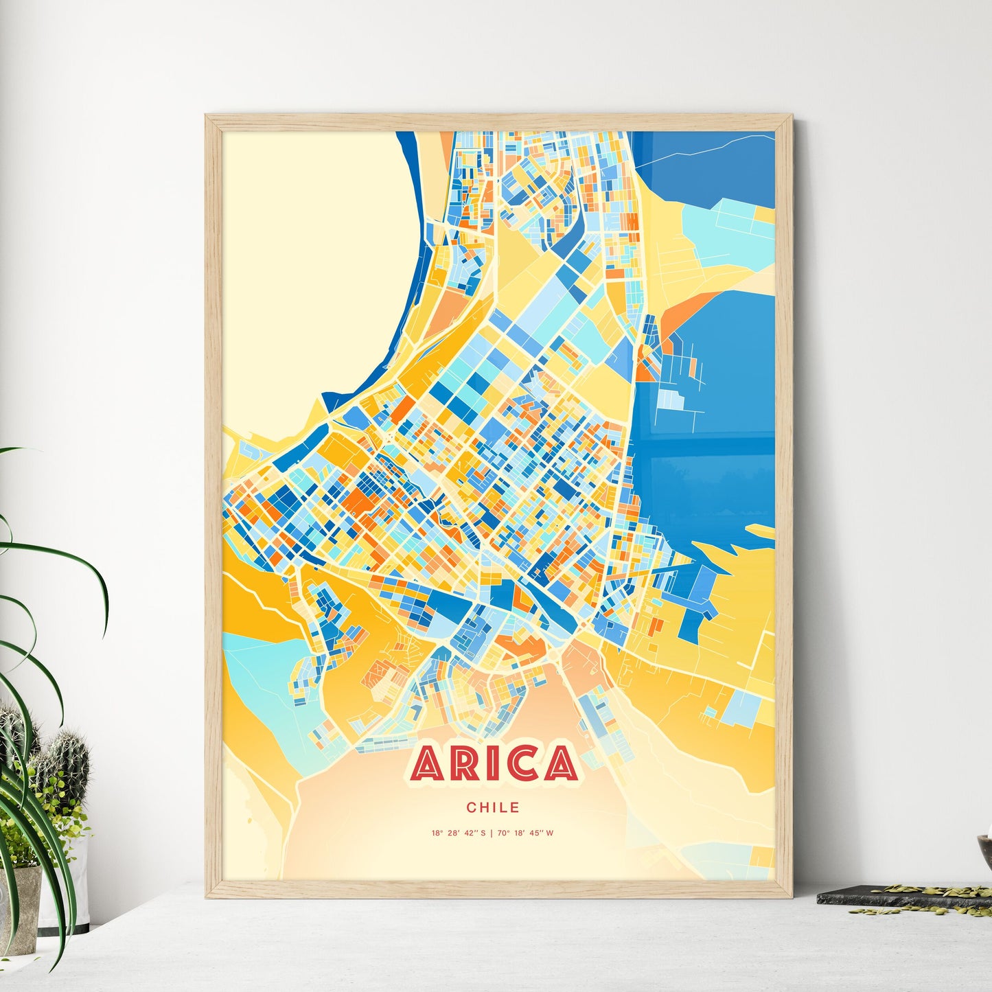 Colorful ARICA CHILE Fine Art Map Blue Orange