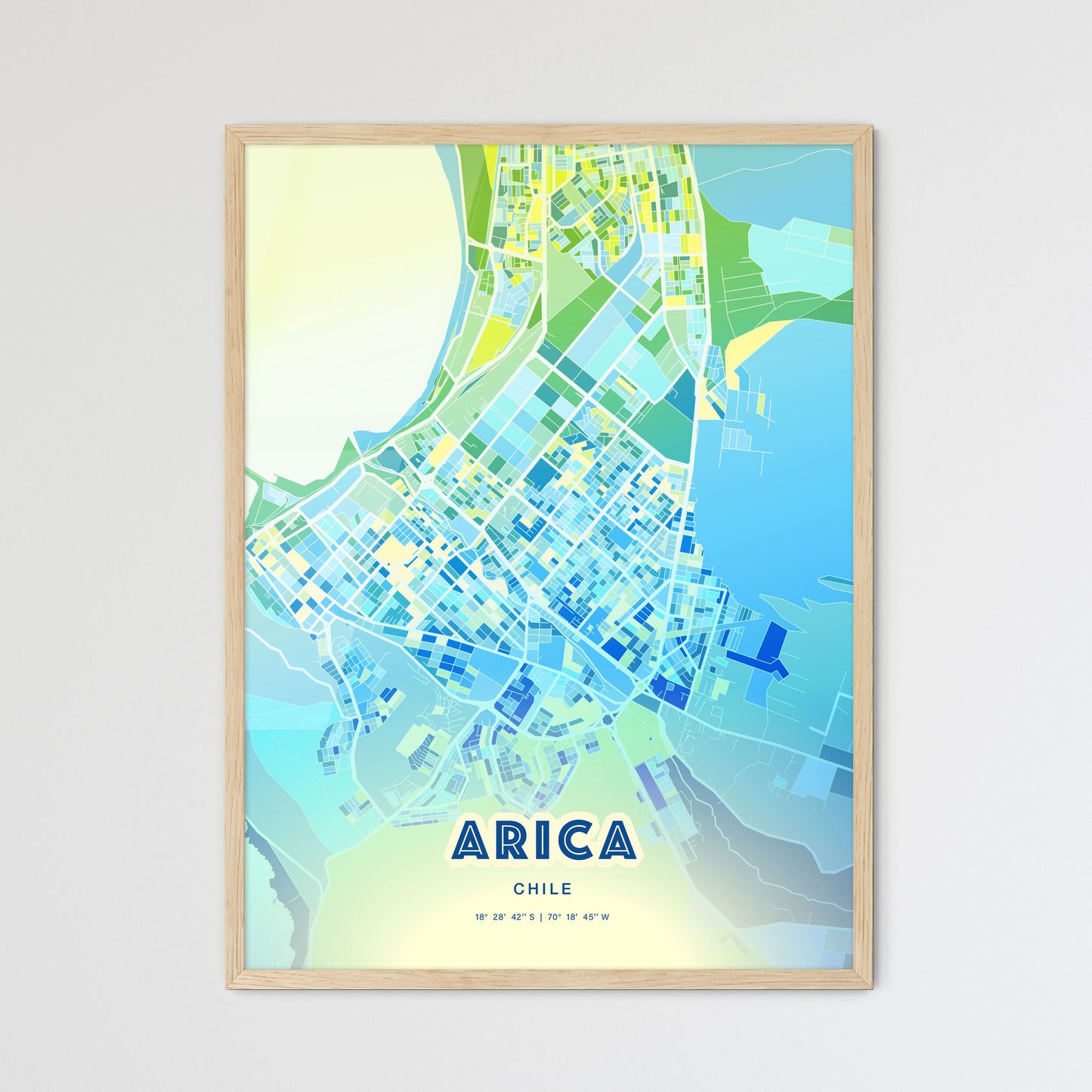 Colorful ARICA CHILE Fine Art Map Cool Blue