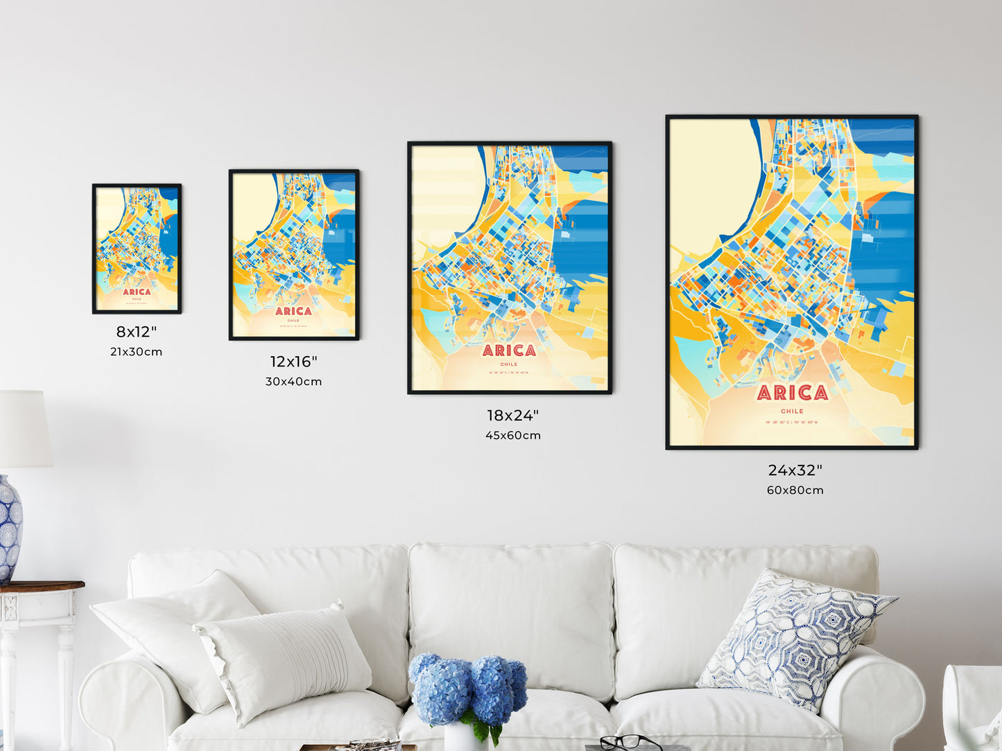 Colorful ARICA CHILE Fine Art Map Blue Orange