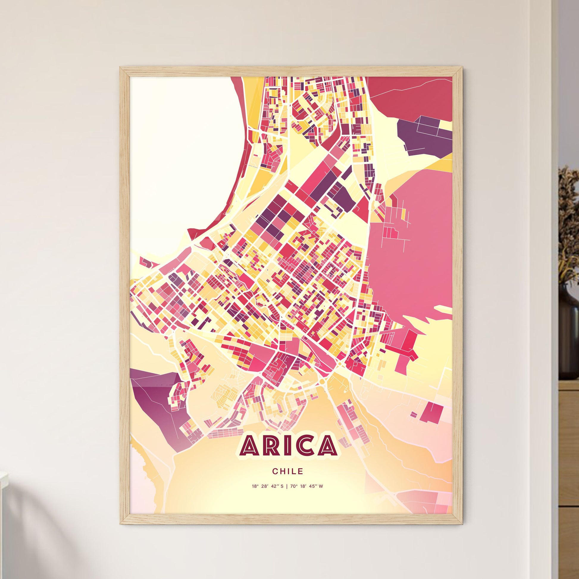 Colorful ARICA CHILE Fine Art Map Hot Red